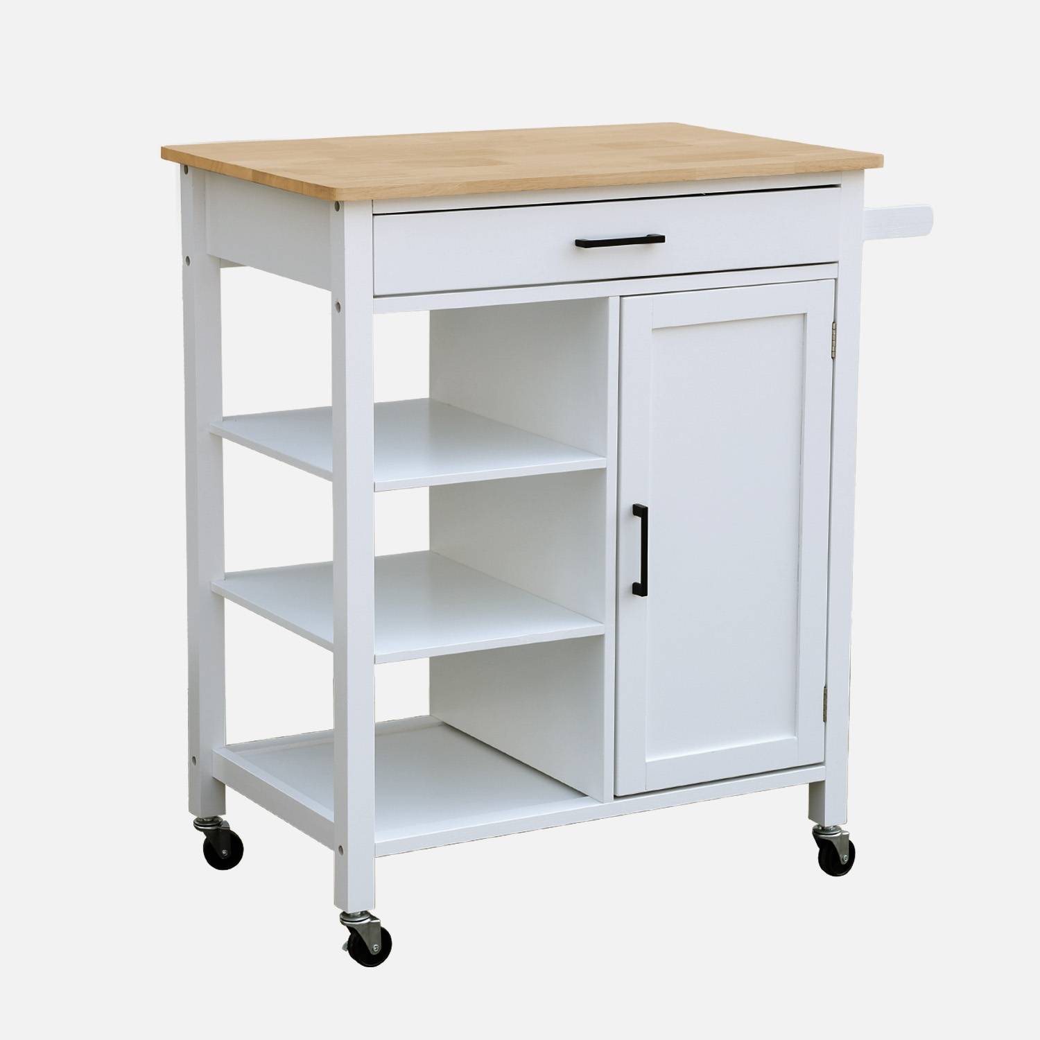 Carrello da cucina in legno di gomma con manico, Bianco
