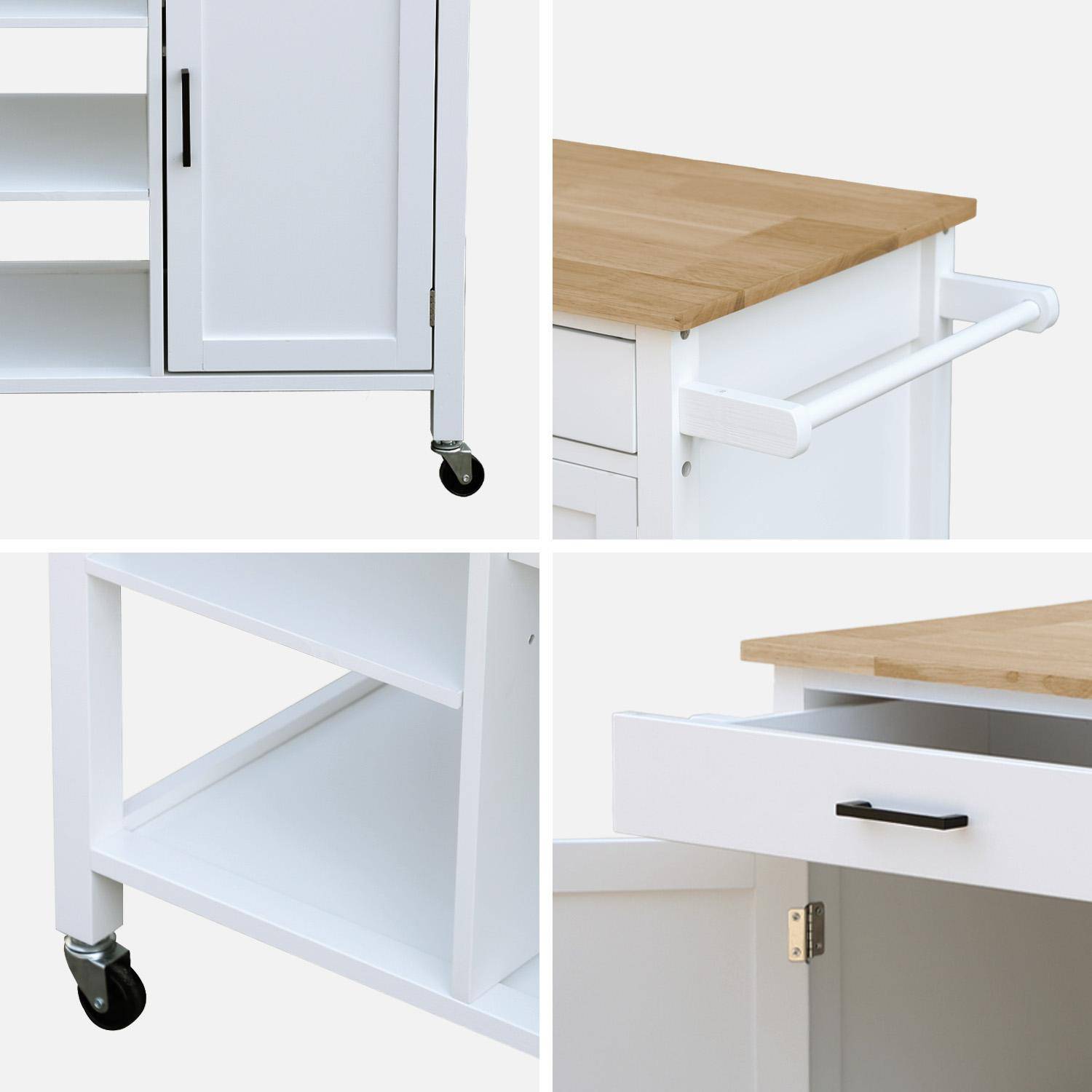 Desserte de cuisine blanche BENDOR plateau en bois d'hévéa, 83 x 47 x 91 cm, 1 poignée, 4 roues, 1 tiroir, 5 étagères, 1 porte, style contemporain,sweeek,Photo7