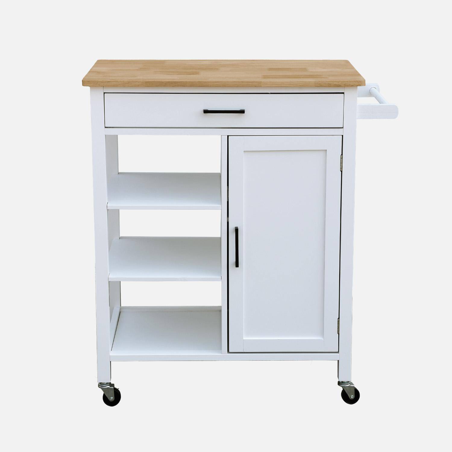Desserte de cuisine blanche BENDOR plateau en bois d'hévéa, 83 x 47 x 91 cm, 1 poignée, 4 roues, 1 tiroir, 5 étagères, 1 porte, style contemporain,sweeek,Photo5