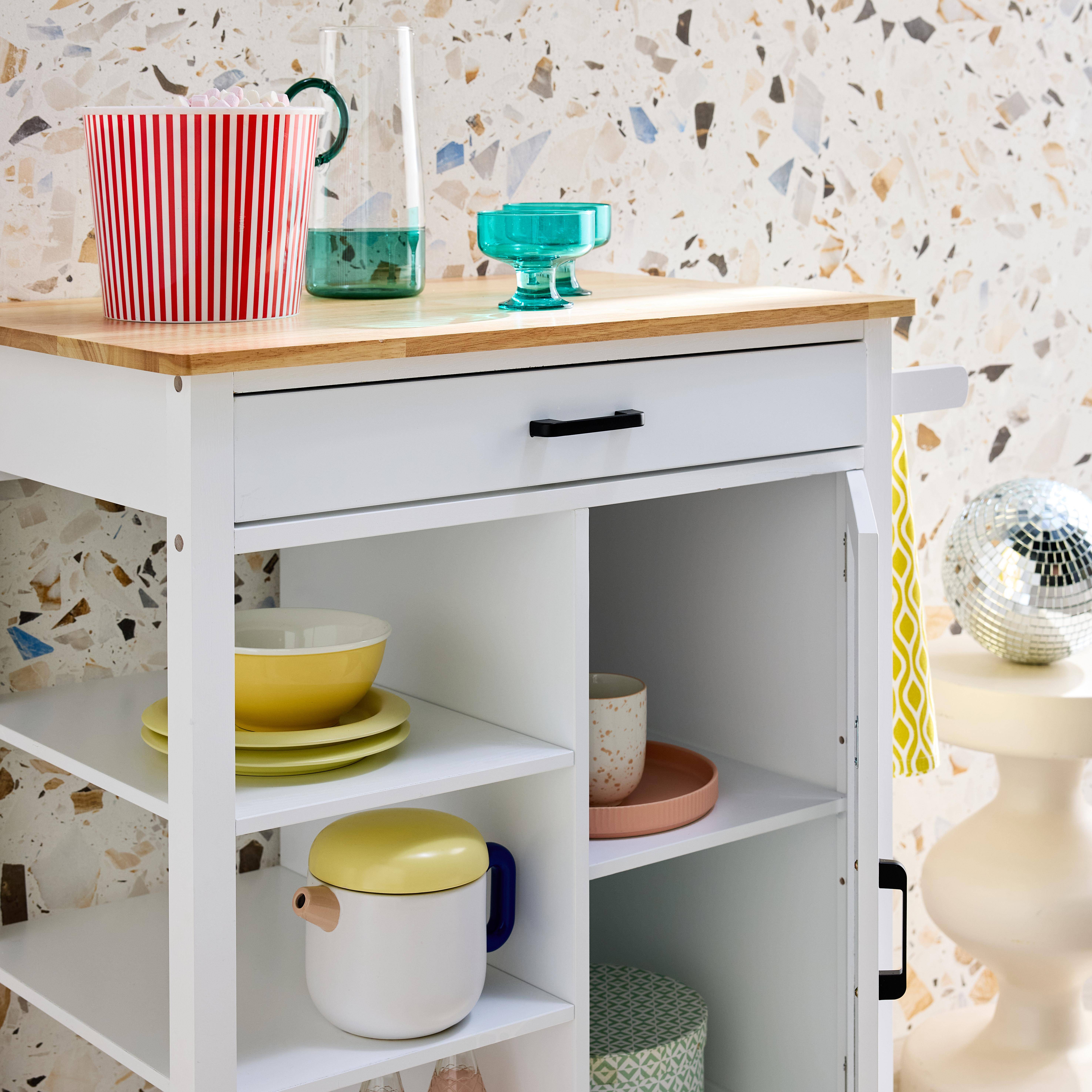 Desserte de cuisine blanche BENDOR plateau en bois d'hévéa, 83 x 47 x 91 cm, 1 poignée, 4 roues, 1 tiroir, 5 étagères, 1 porte, style contemporain Photo2