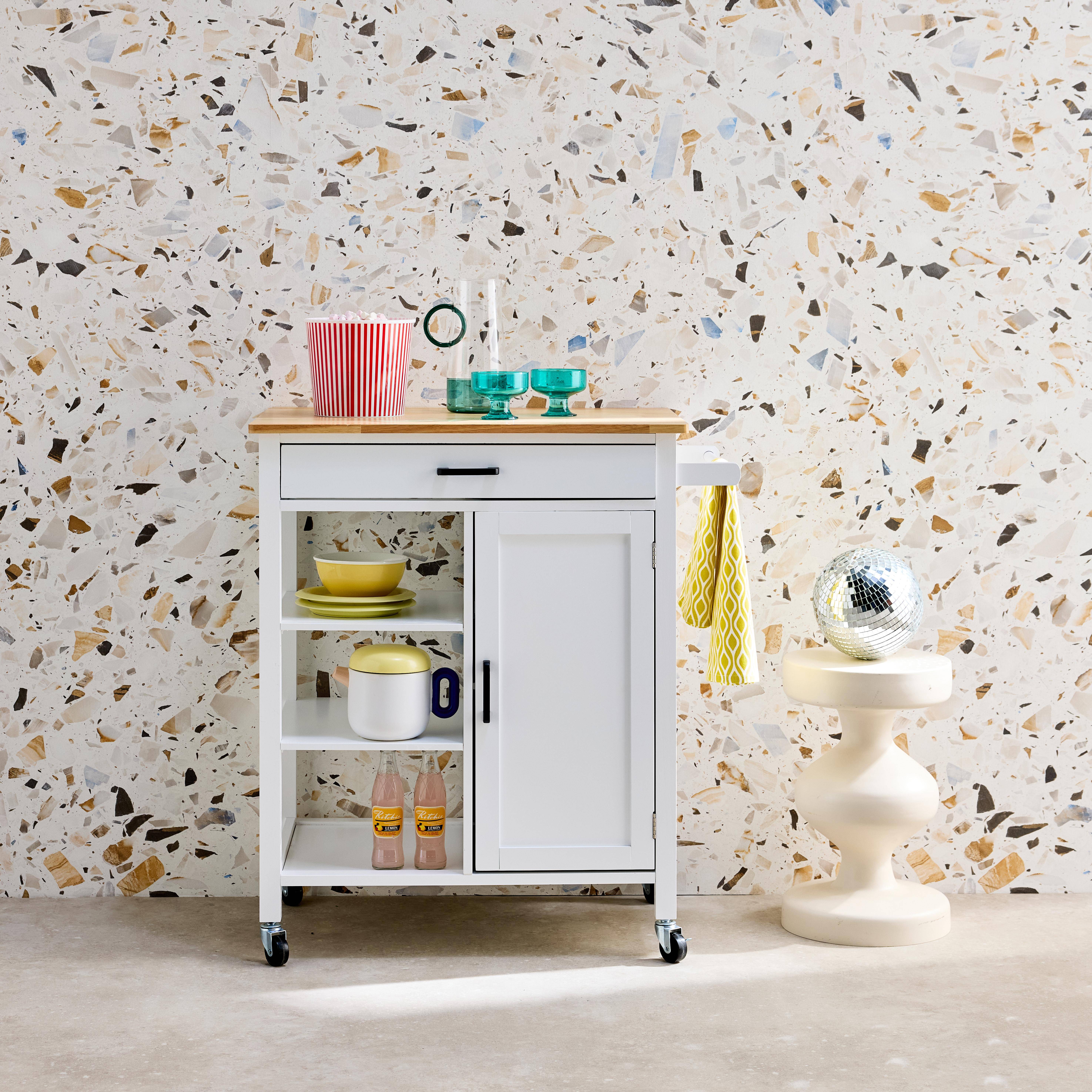 Desserte de cuisine blanche BENDOR plateau en bois d'hévéa, 83 x 47 x 91 cm, 1 poignée, 4 roues, 1 tiroir, 5 étagères, 1 porte, style contemporain Photo1