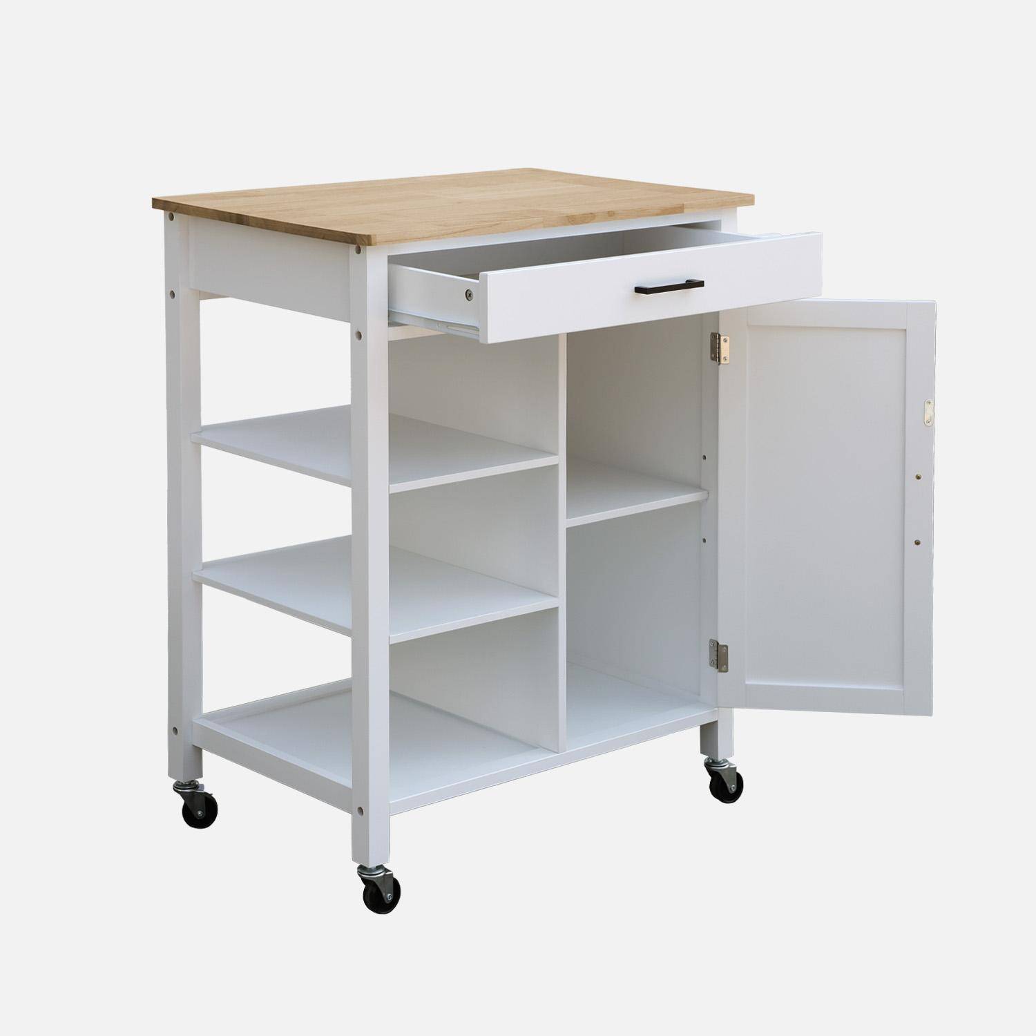 Desserte de cuisine blanche BENDOR plateau en bois d'hévéa, 83 x 47 x 91 cm, 1 poignée, 4 roues, 1 tiroir, 5 étagères, 1 porte, style contemporain,sweeek,Photo6