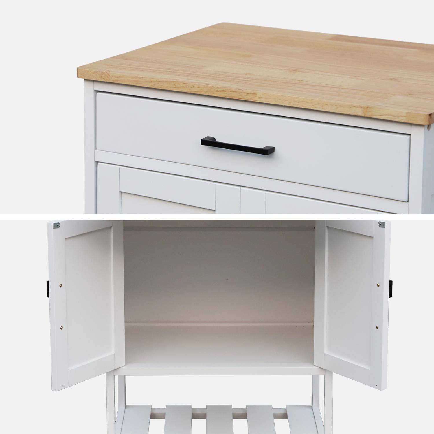 Witte keukentrolley BENDOR met rubberhouten blad, 56 x 46 x 90 cm, 4 wielen, 1 lade, 2 planken, 1 dubbele deur, eigentijds design Photo8