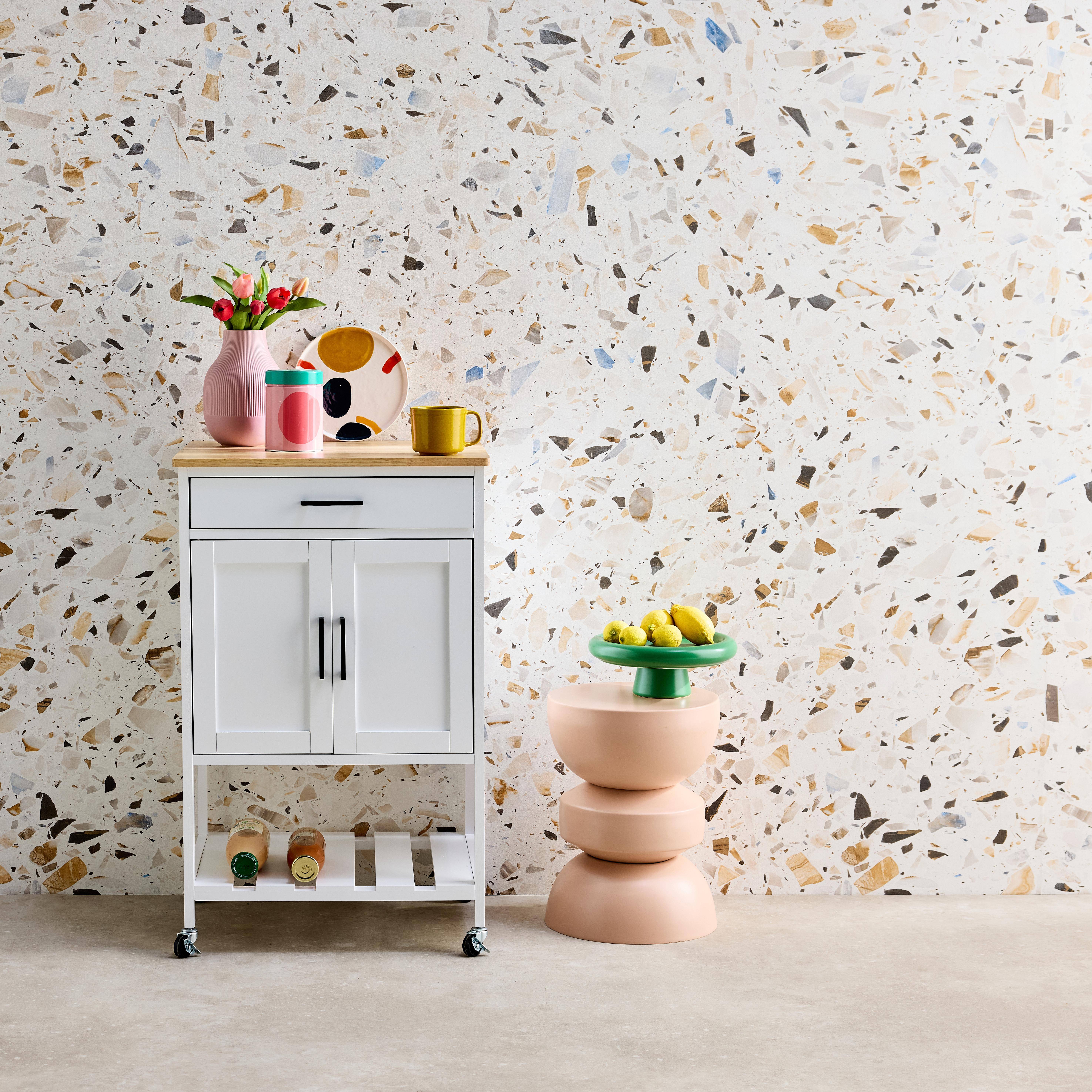 Witte keukentrolley BENDOR met rubberhouten blad, 56 x 46 x 90 cm, 4 wielen, 1 lade, 2 planken, 1 dubbele deur, eigentijds design Photo1