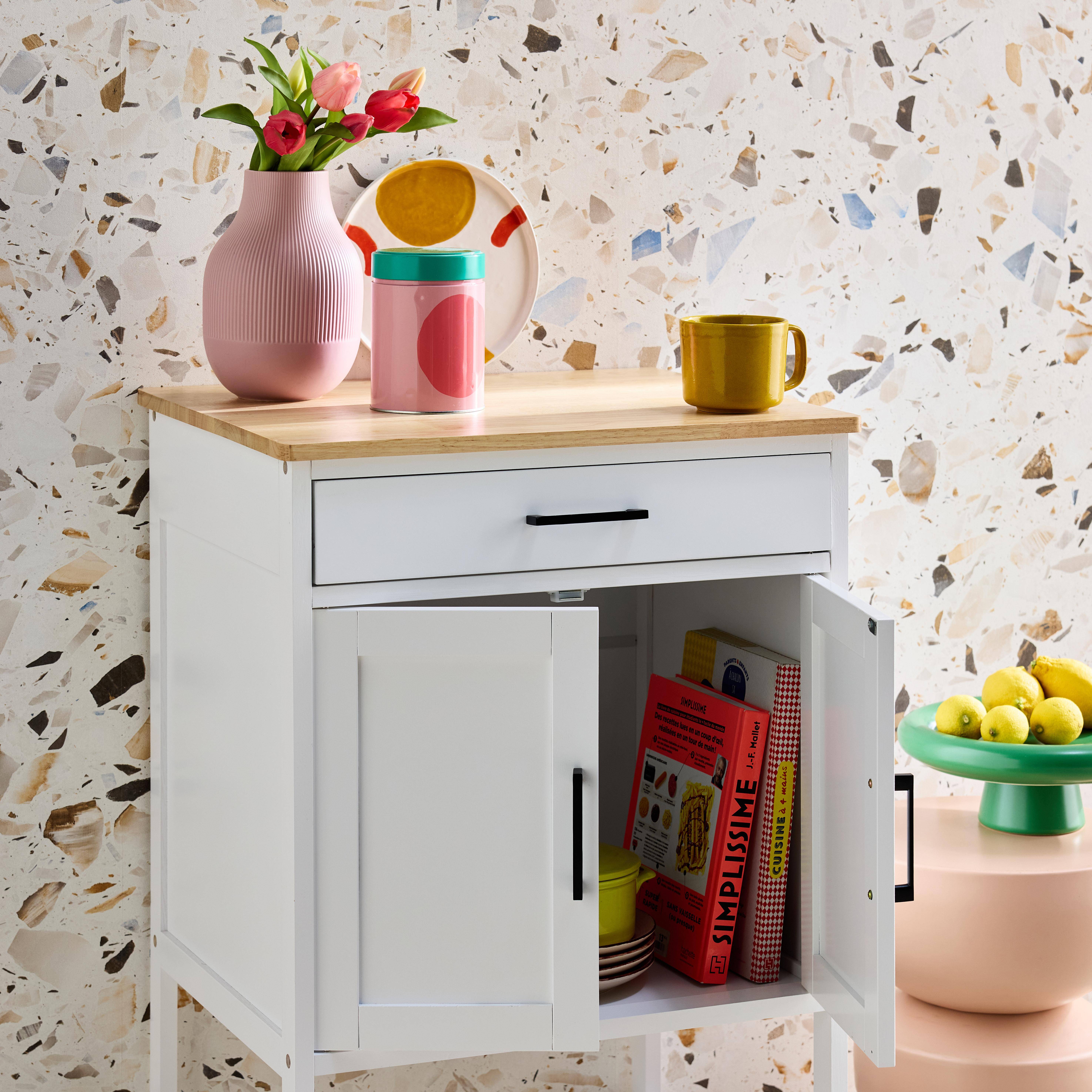 Witte keukentrolley BENDOR met rubberhouten blad, 56 x 46 x 90 cm, 4 wielen, 1 lade, 2 planken, 1 dubbele deur, eigentijds design Photo2