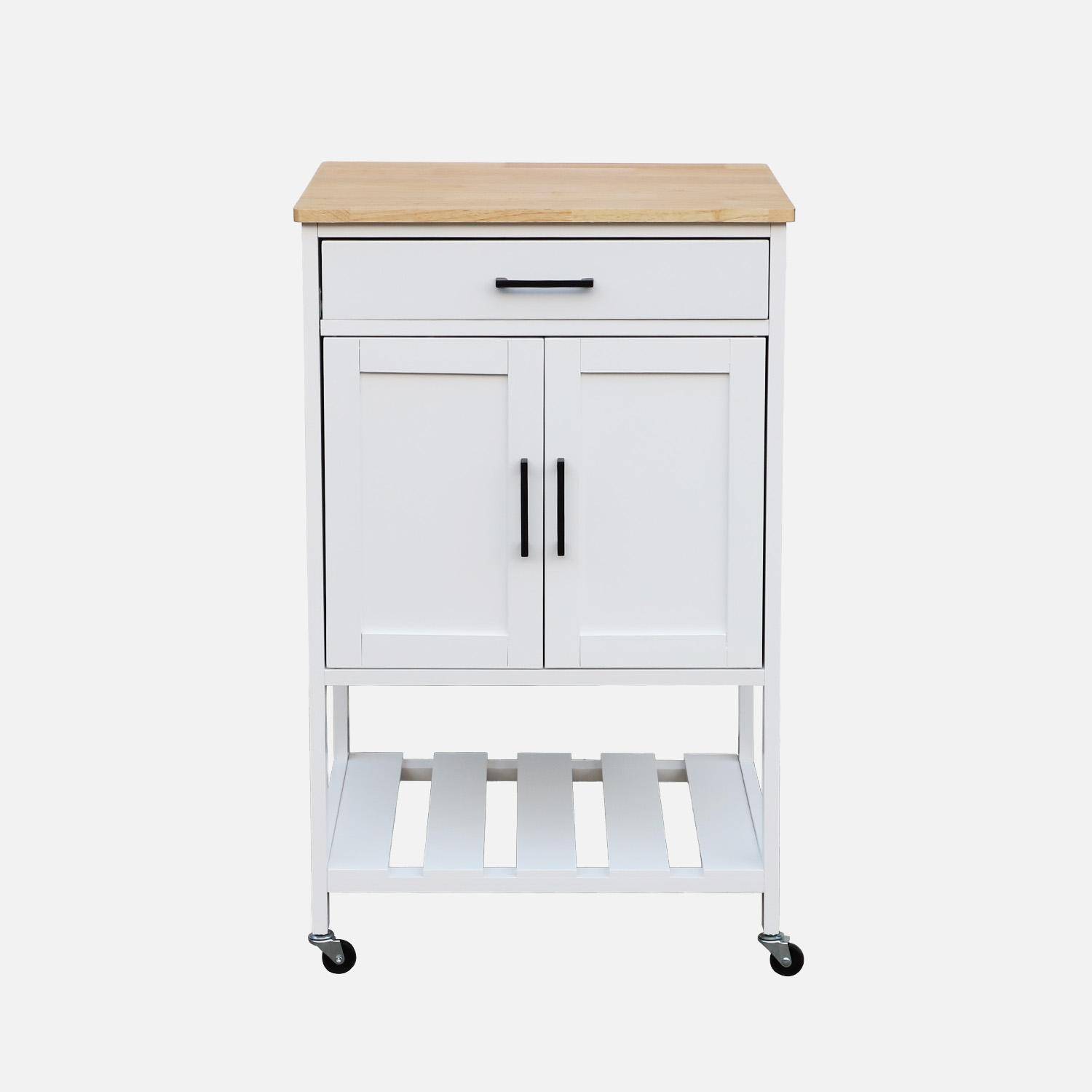 Witte keukentrolley BENDOR met rubberhouten blad, 56 x 46 x 90 cm, 4 wielen, 1 lade, 2 planken, 1 dubbele deur, eigentijds design Photo6