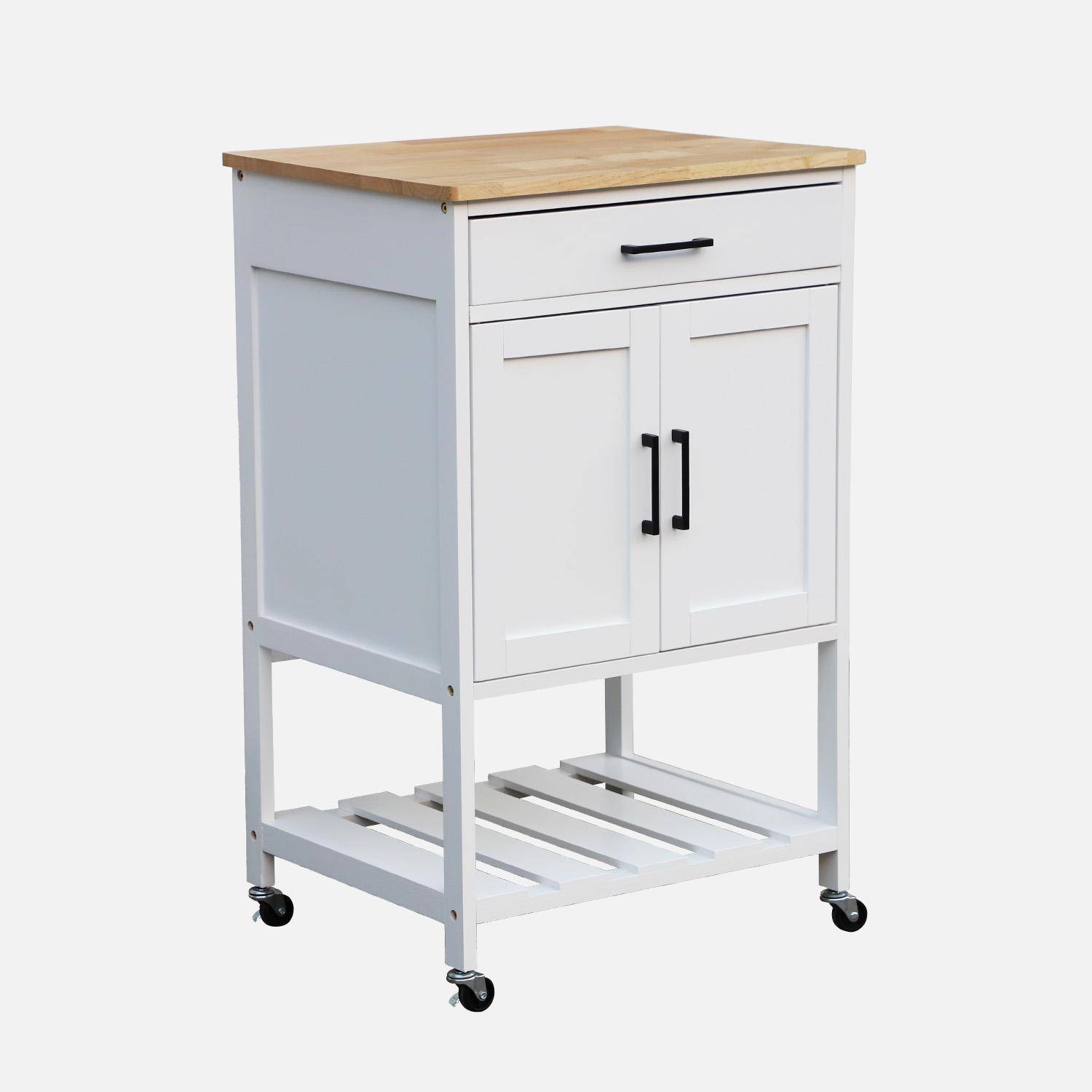 Witte keukentrolley BENDOR met rubberhouten blad, 56 x 46 x 90 cm, 4 wielen, 1 lade, 2 planken, 1 dubbele deur, eigentijds design Photo5