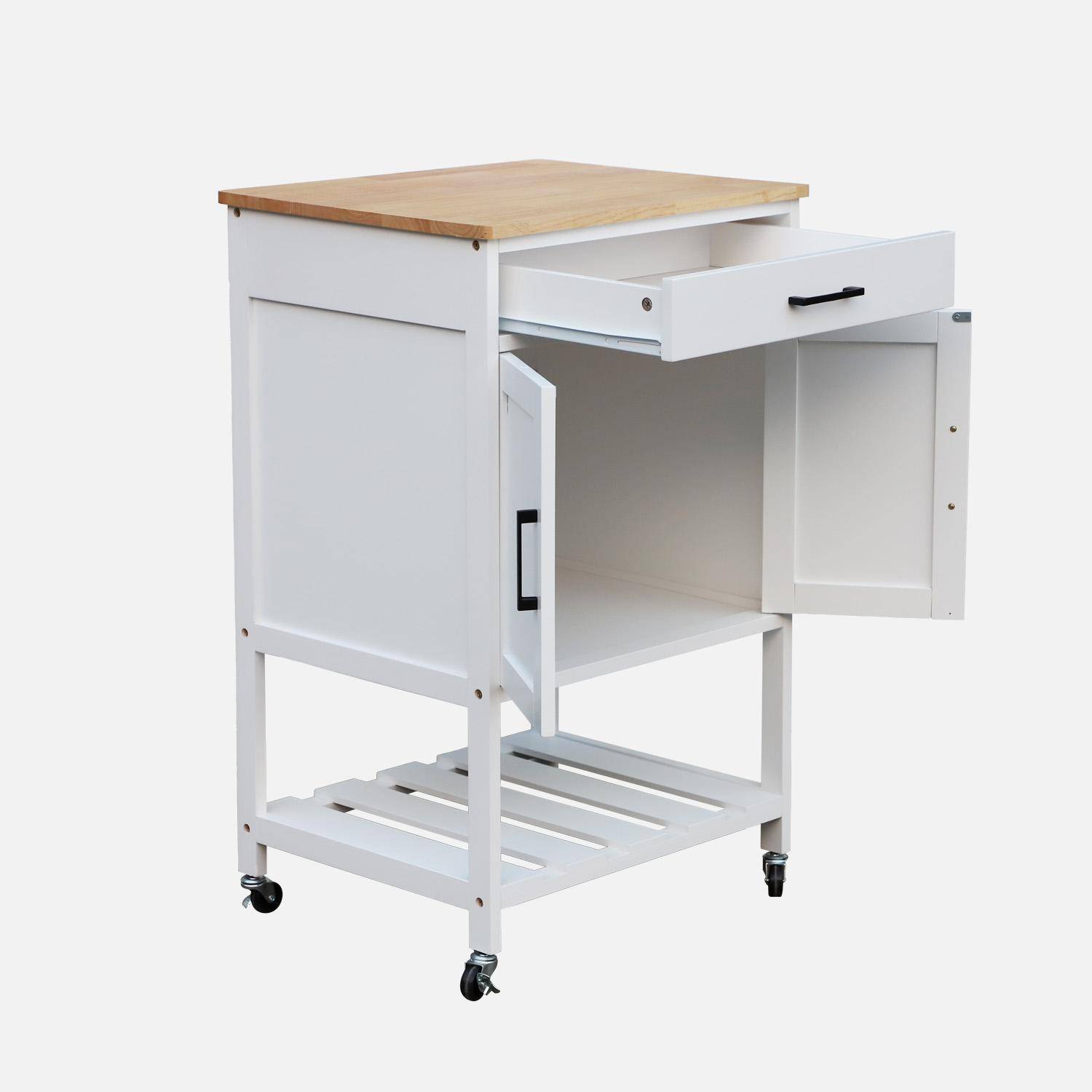 Witte keukentrolley BENDOR met rubberhouten blad, 56 x 46 x 90 cm, 4 wielen, 1 lade, 2 planken, 1 dubbele deur, eigentijds design,sweeek,Photo7