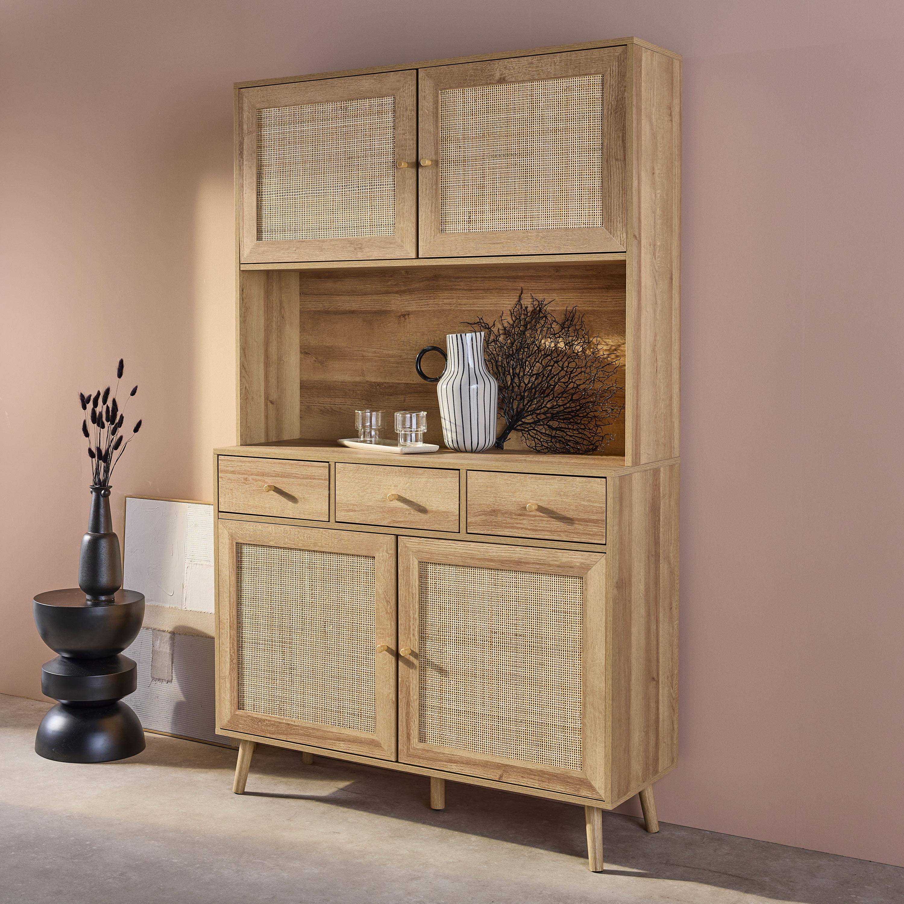 BOHEME buffet wood and caning 4 doors 3 drawers 110 cm, Natural, pine wood legs paper covering Photo1