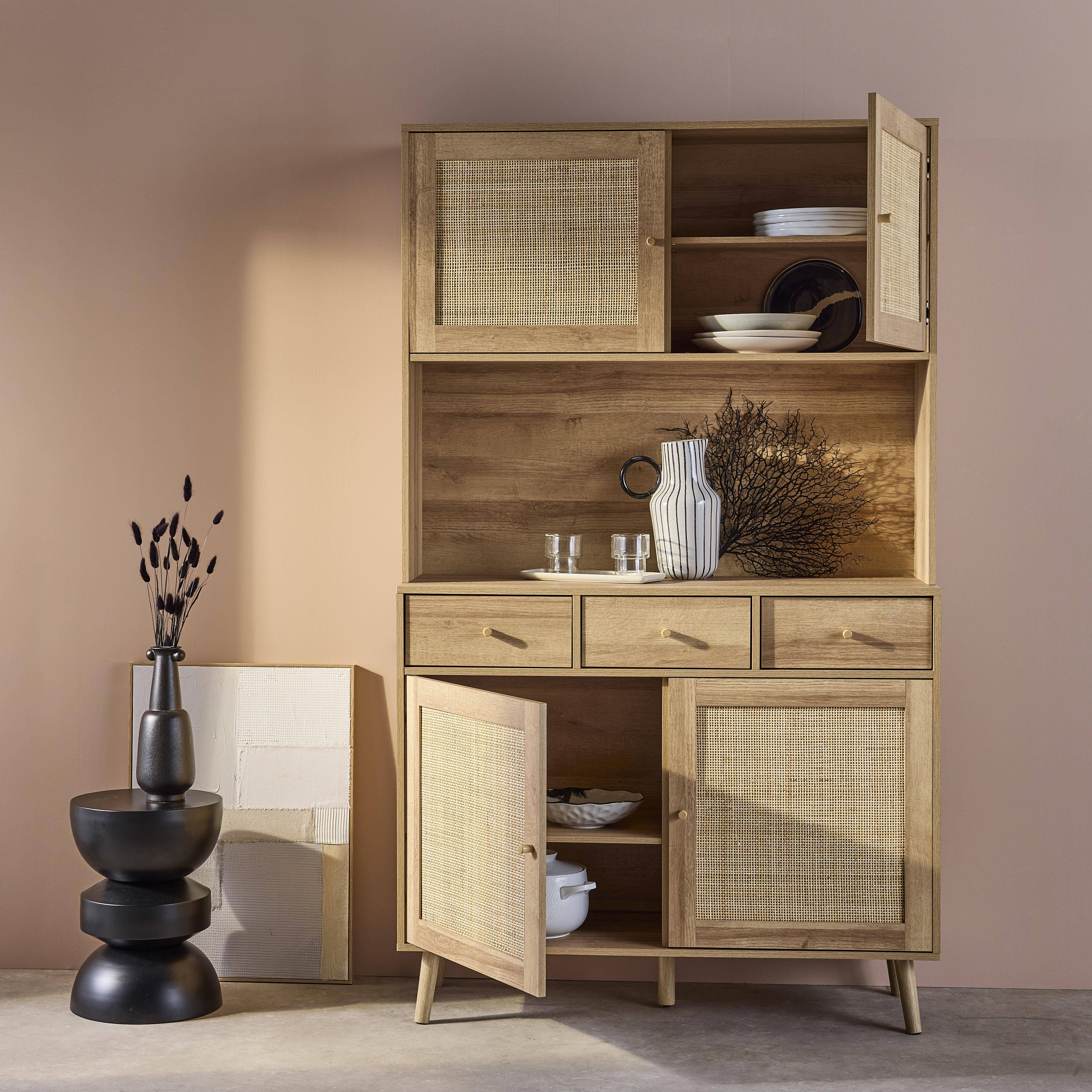 Küchenschrank Holz-Optik und Rohrgeflecht 4 Türen 3 Schubladen L 110 cm, naturfarben, Füße aus Kiefernholz mit Papierbeschichtung - Bohème Photo2