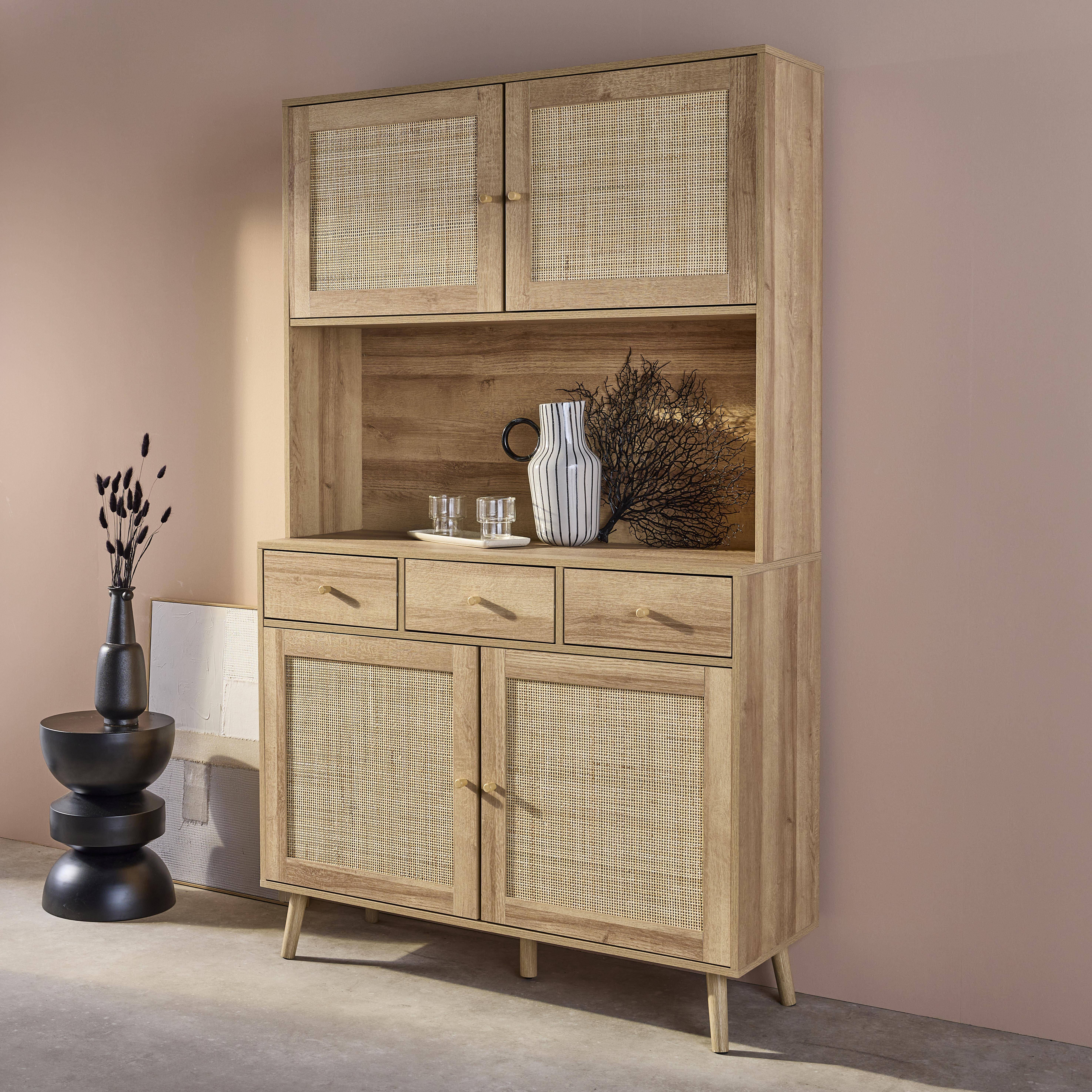 Küchenschrank Holz-Optik und Rohrgeflecht 4 Türen 3 Schubladen L 110 cm, naturfarben, Füße aus Kiefernholz mit Papierbeschichtung - Bohème Photo3