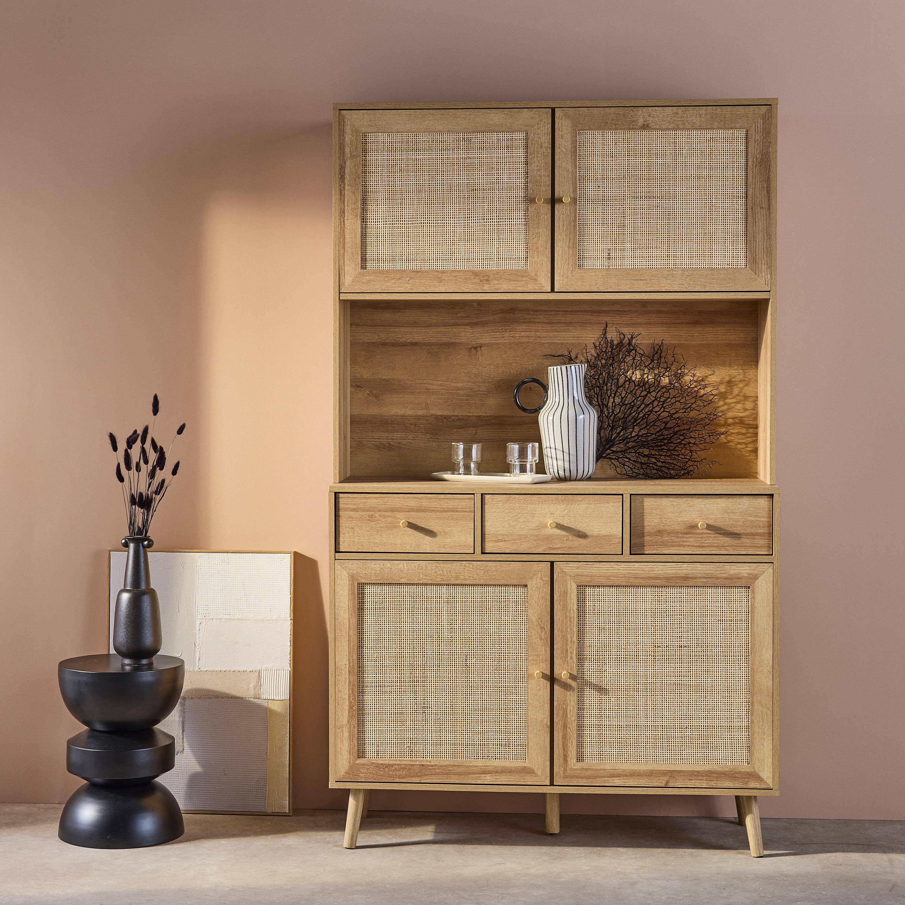 BOHEME buffet wood and caning 4 doors 3 drawers 110 cm, Natural, pine wood legs paper covering Photo2