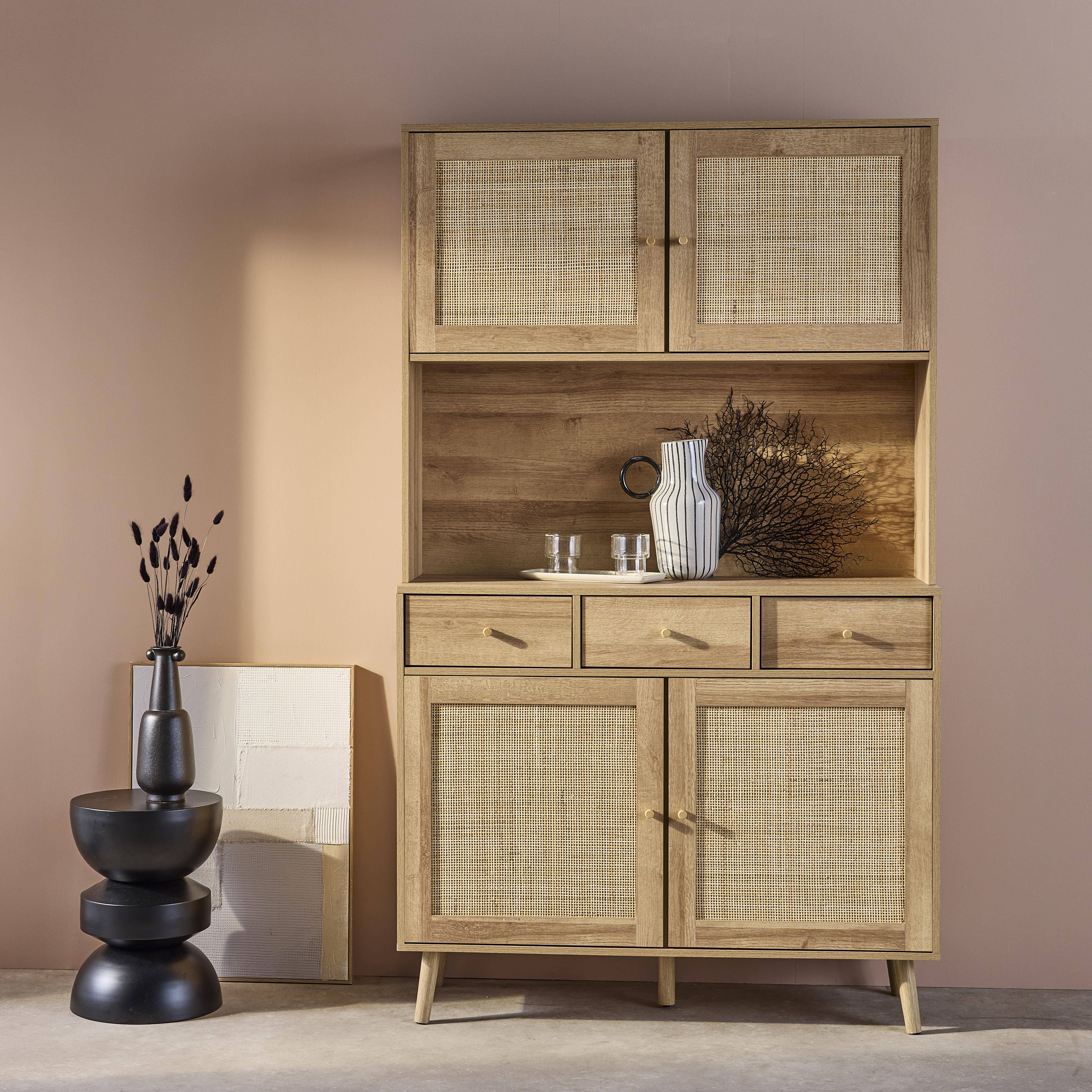Küchenschrank Holz-Optik und Rohrgeflecht 4 Türen 3 Schubladen L 110 cm, naturfarben, Füße aus Kiefernholz mit Papierbeschichtung - Bohème Photo1