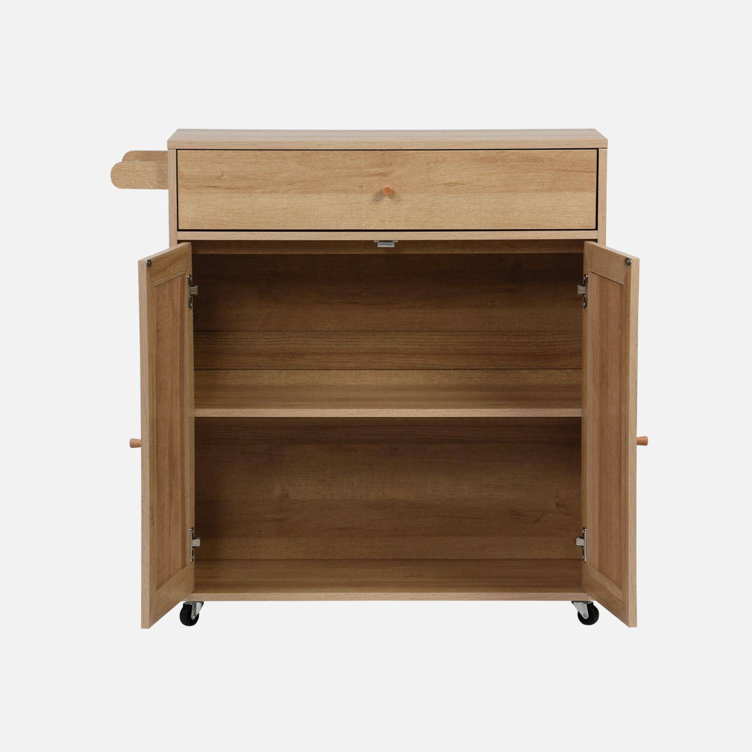 Carro de cocina de madera y rejilla con tirador, cajón y 2 puertas, Boheme, Natural, 90.5x50x90 cm Photo6