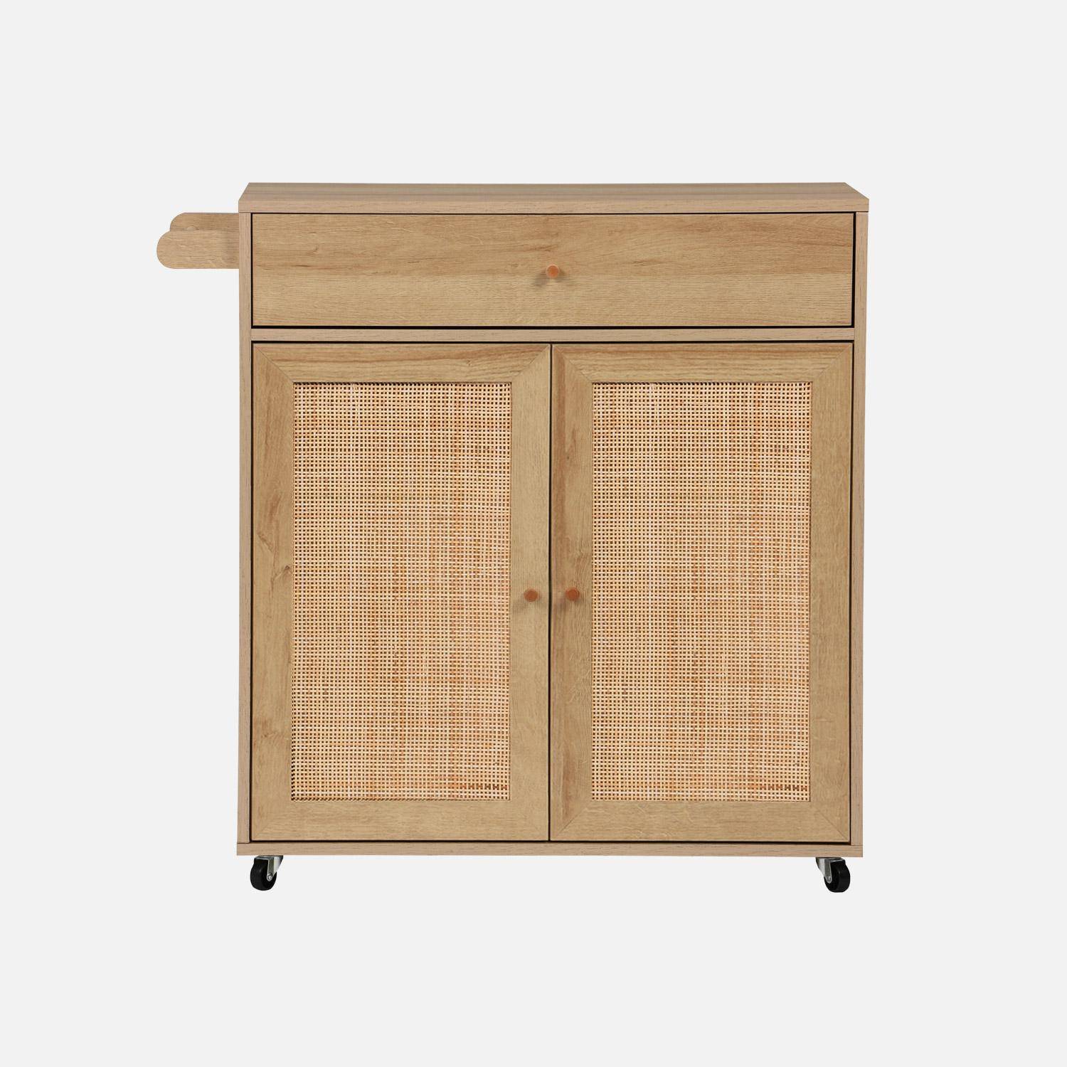 Carro de cocina de madera y rejilla con tirador, cajón y 2 puertas, Boheme, Natural, 90.5x50x90 cm,sweeek,Photo5