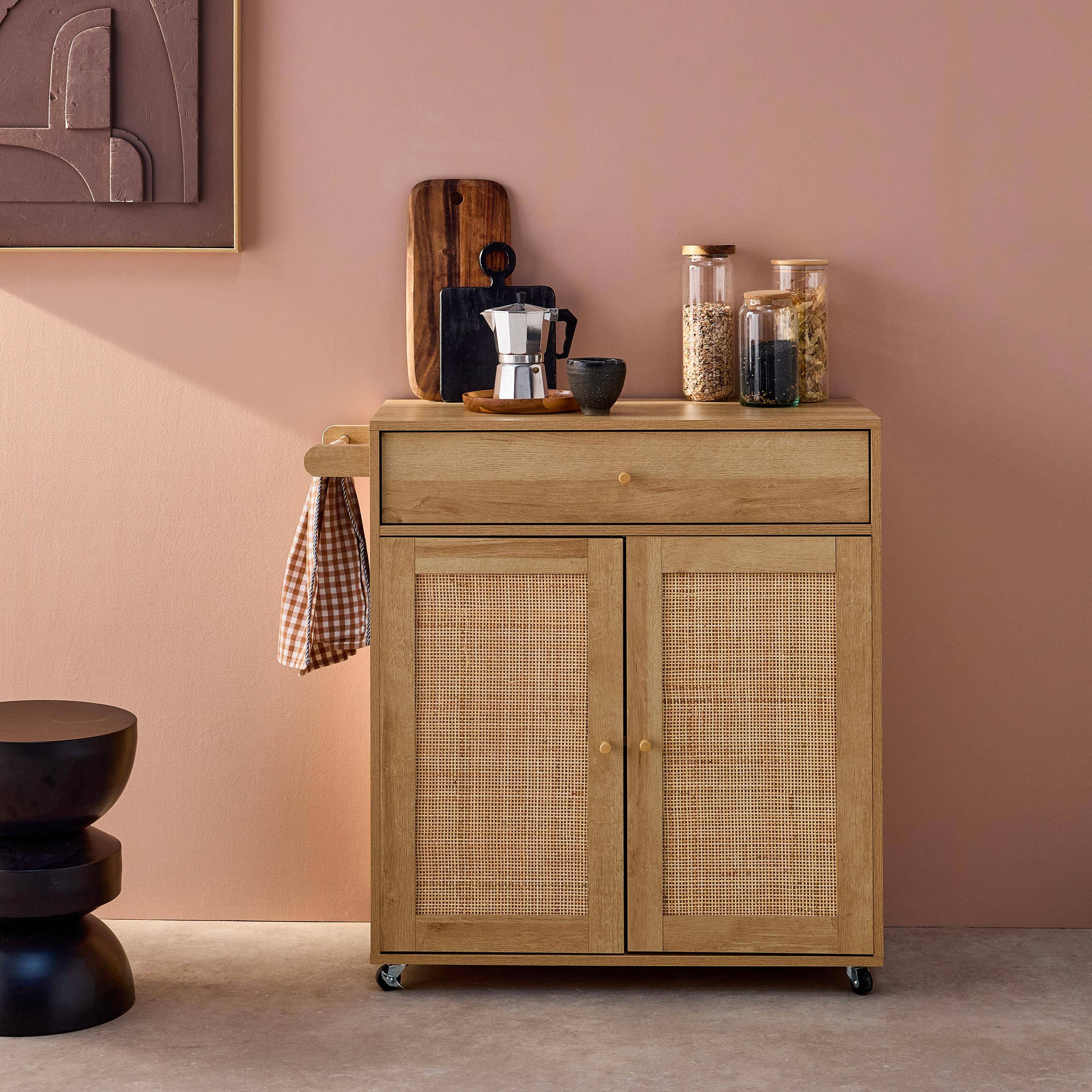 Carro de cocina de madera y rejilla con tirador, cajón y 2 puertas, Boheme, Natural, 90.5x50x90 cm,sweeek,Photo1