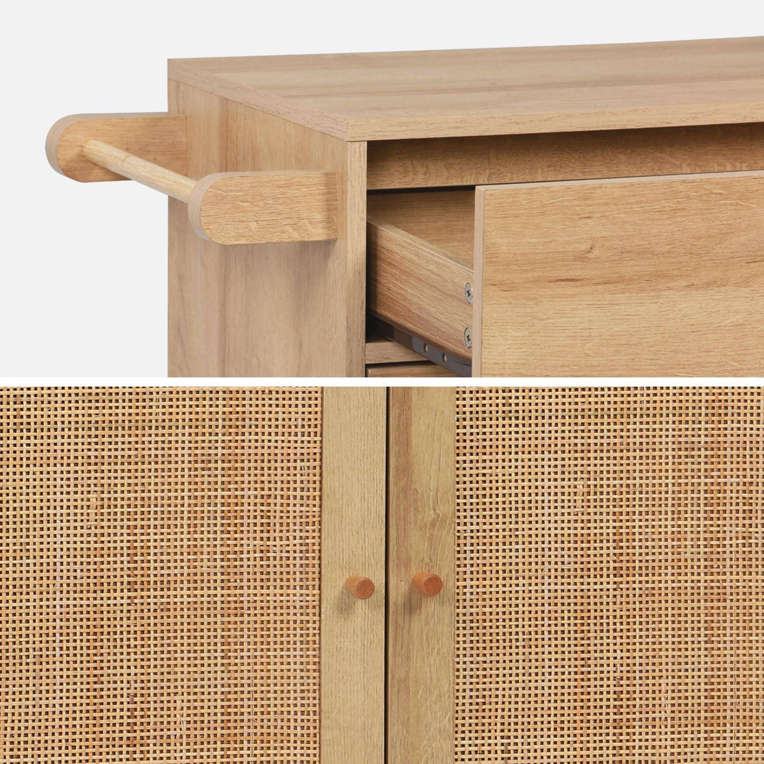 Carro de cocina de madera y rejilla con tirador, cajón y 2 puertas, Boheme, Natural, 90.5x50x90 cm Photo8