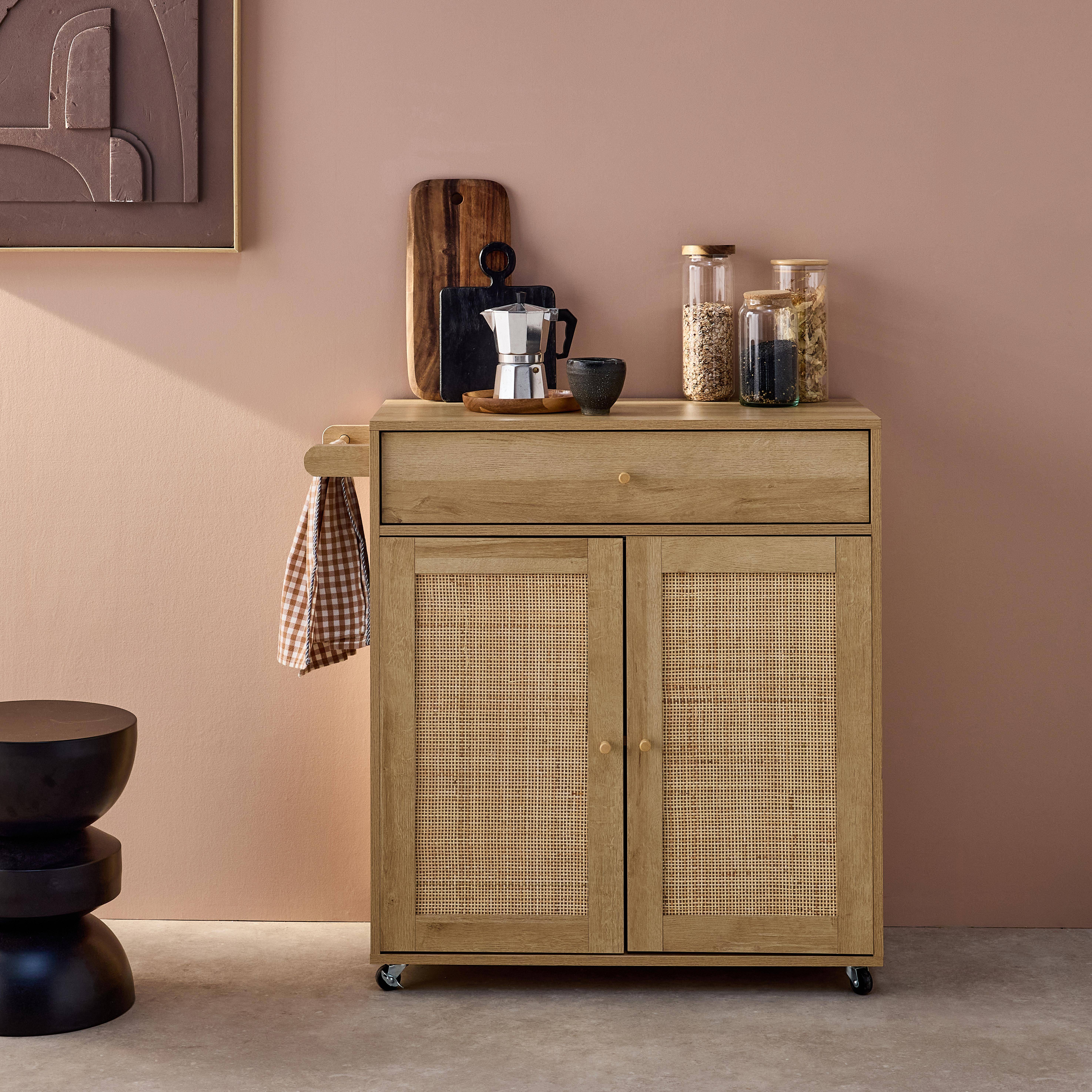 Mobile da cucina decorato in legno con 1 maniglia, 1 cassetto e 2 porte, Boheme, Marrone naturale, 90.5x50x90 cm,sweeek,Photo1