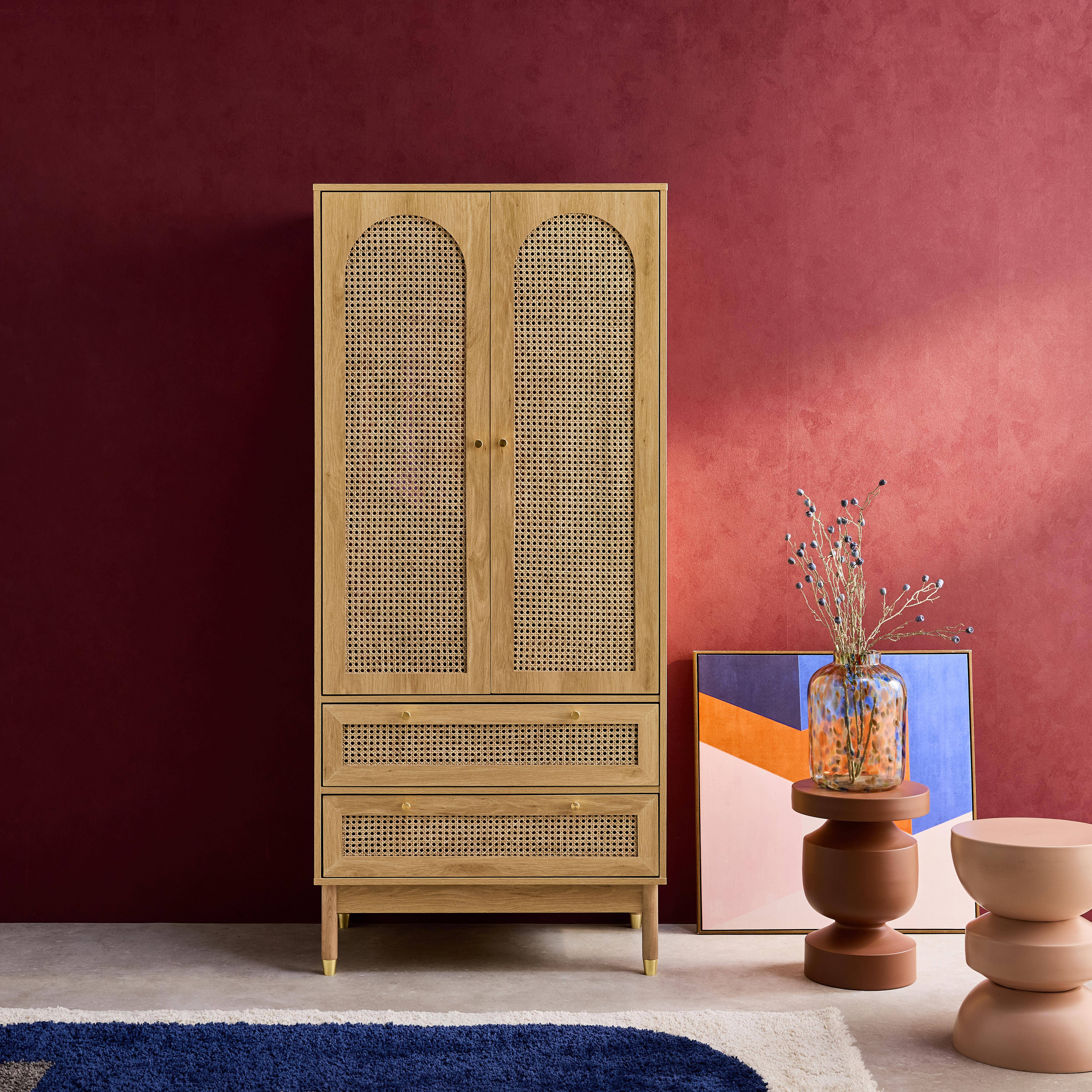 Armario de dos puertas y dos cajones con mimbre, Judith, Natural, 80x50x180 cm,sweeek,Photo1