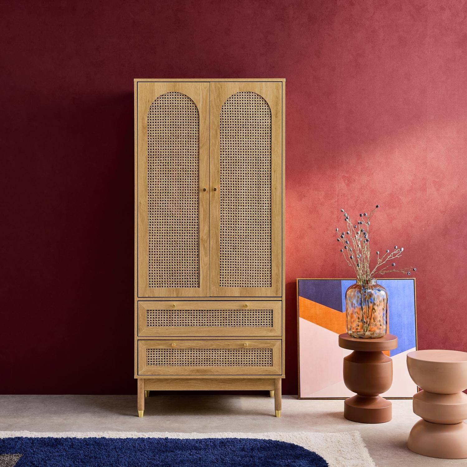 Armadio a due ante con due cassetti in legno intrecciato, Judith, Marrone naturale, 80x50x180 cm,sweeek,Photo1