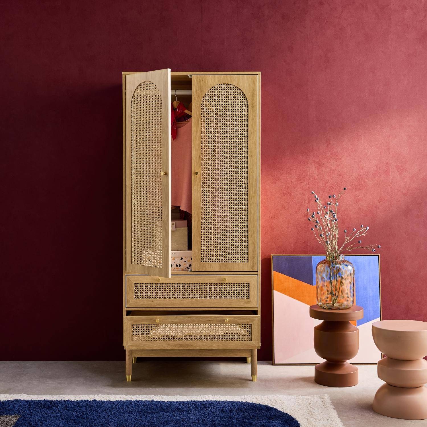 Kleiderschrank mit 2 Türen und Rattan naturfarben
