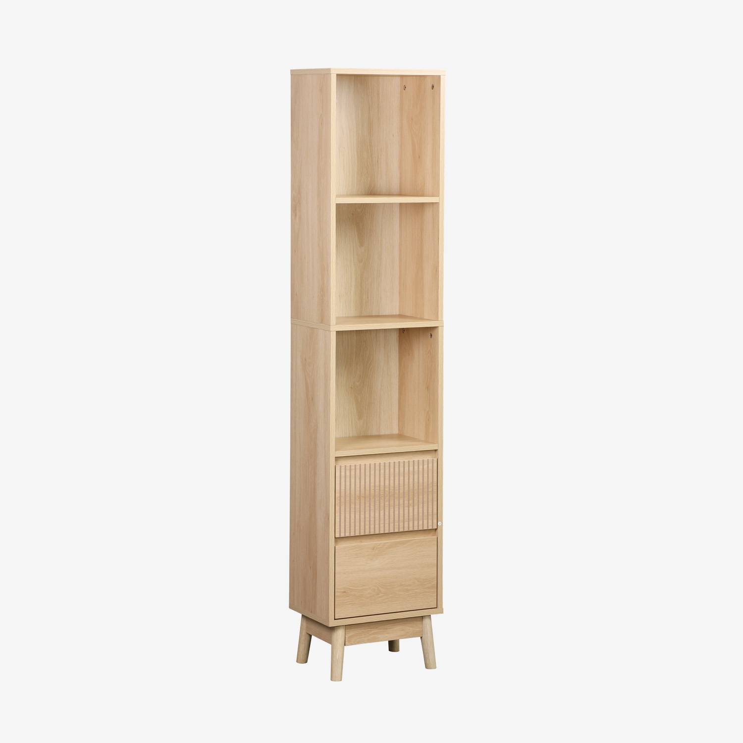 Coluna de armazenamento decoração madeira, 3 prateleiras 2 gavetas, Natural