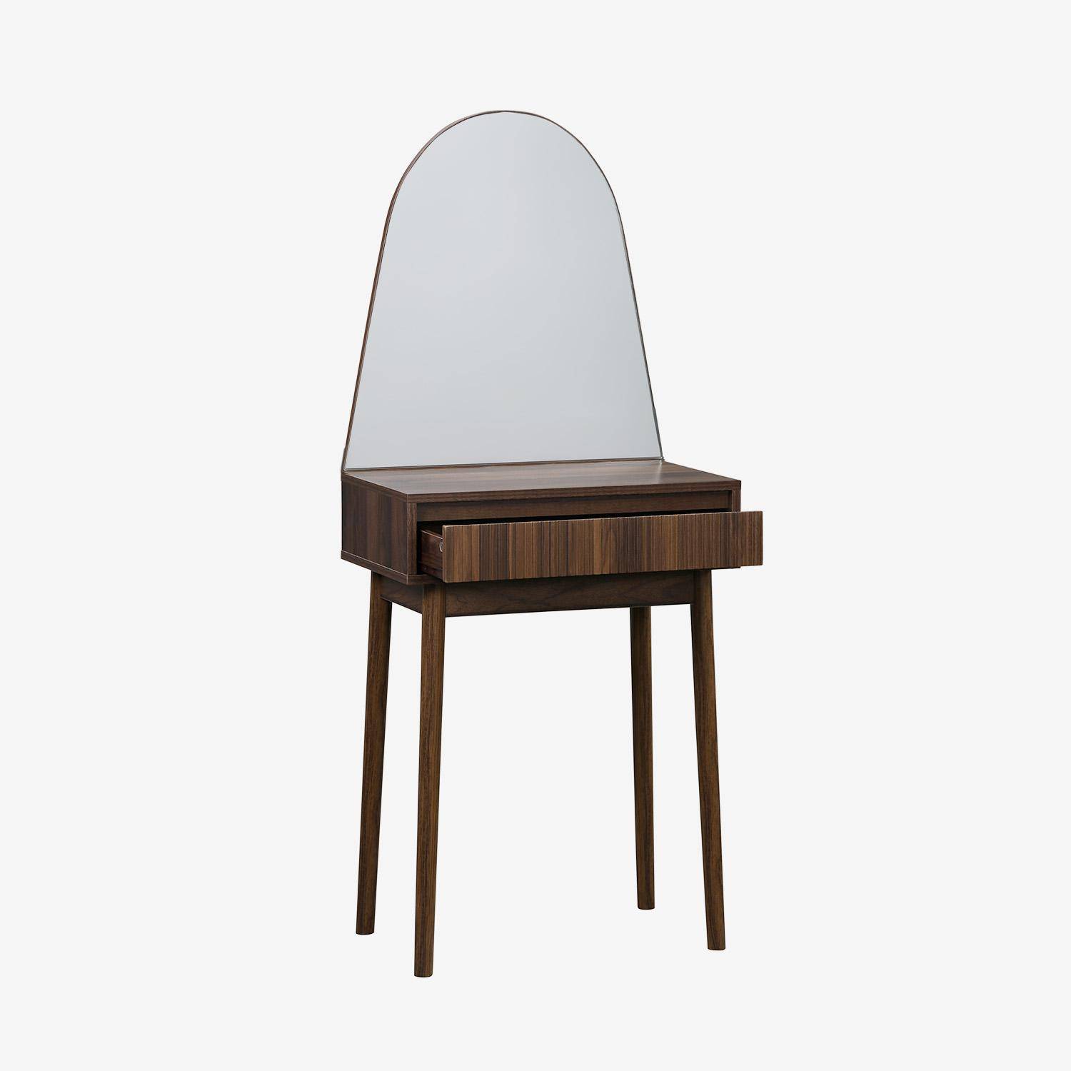 60cm wooden effect dresser with a rounded mirror and 1 drawer, Linear, Walnut, 60x35x147.5 cm Photo3