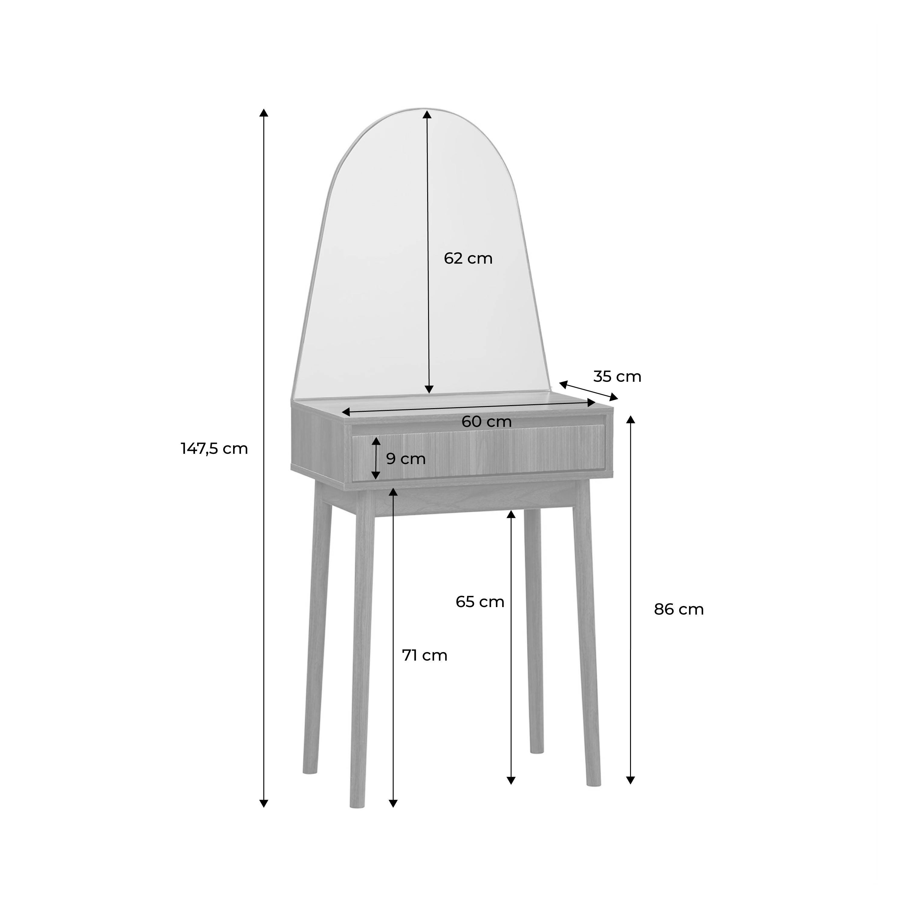 Kaptafel met hout decor, ronde spiegel 60 cm, walnootkleur | sweeek