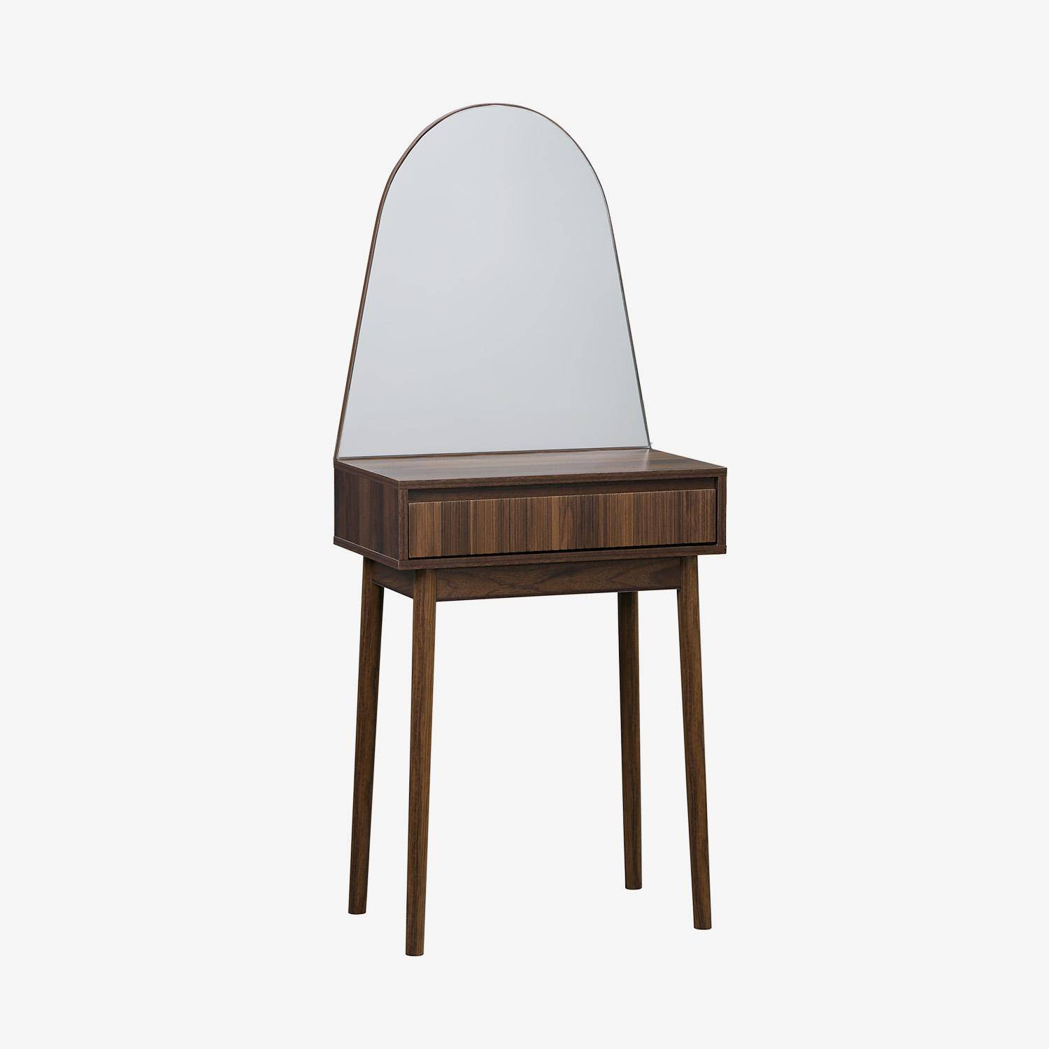 60cm wooden effect dresser with a rounded mirror and 1 drawer, Linear, Walnut, 60x35x147.5 cm Photo1