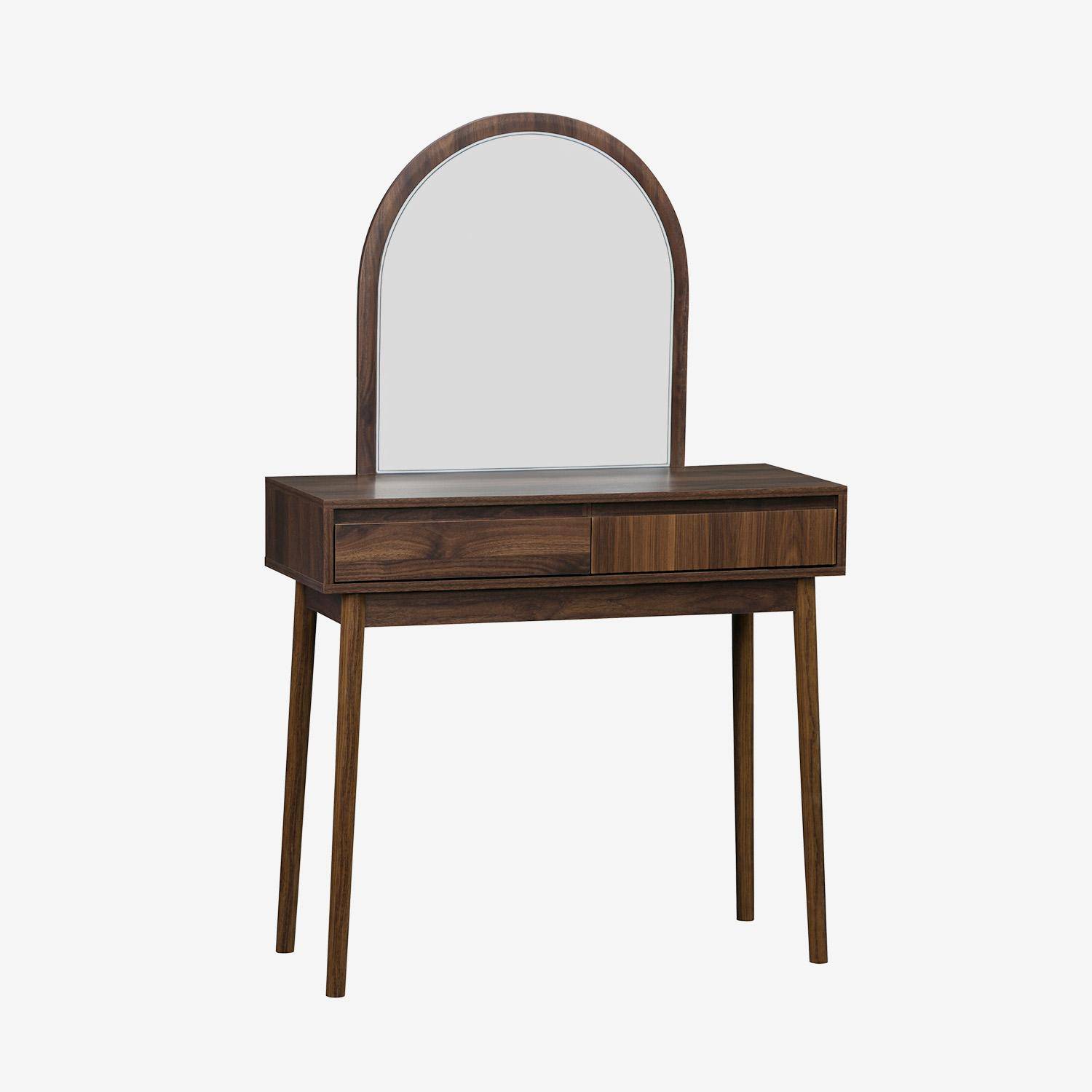 Mueble tocador de madera espejo redondo, 90cm, Linear, Madera de nogal, 90x35x146 cm Photo1