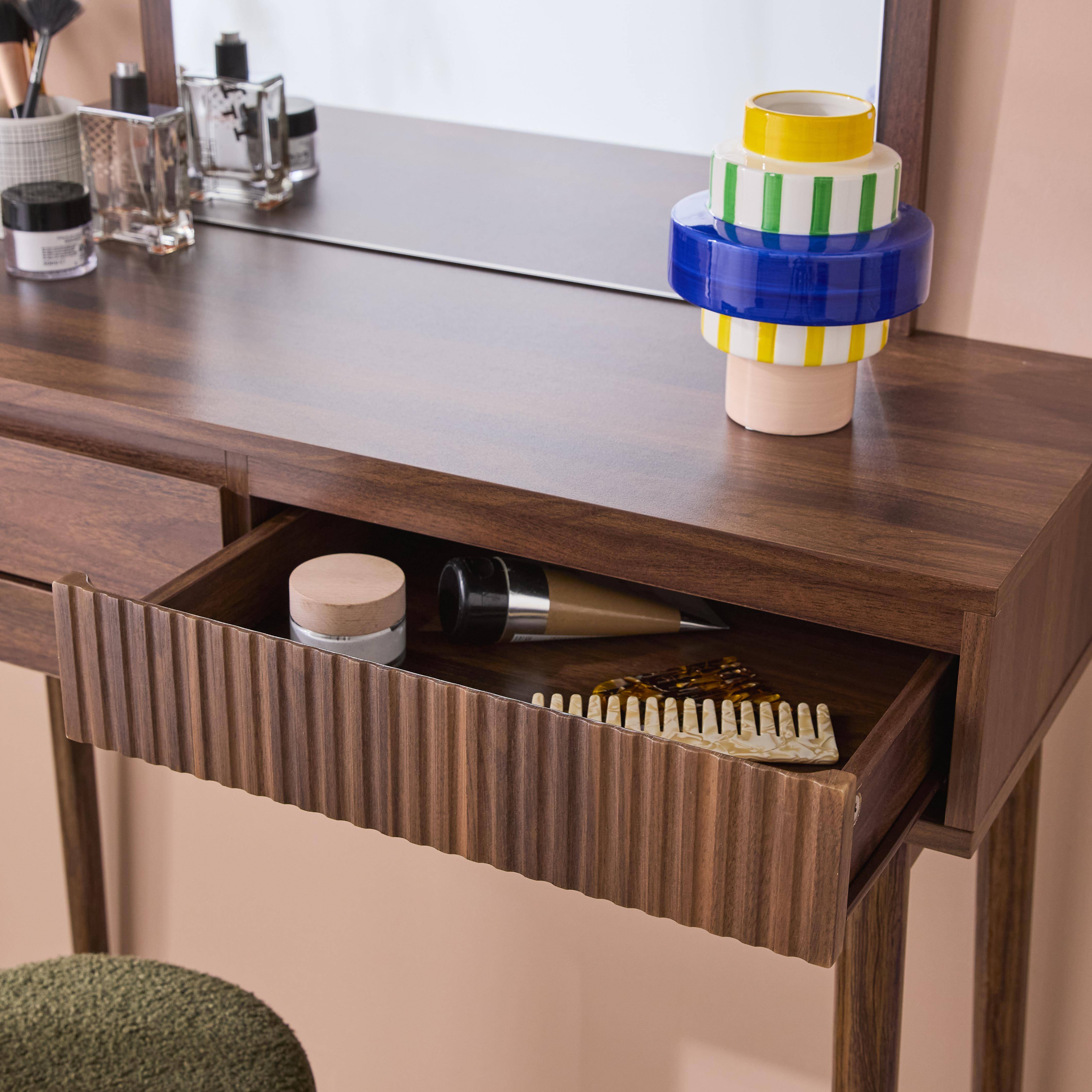Mueble tocador de madera espejo redondo, 90cm, Linear, Madera de nogal, 90x35x146 cm,sweeek,Photo3