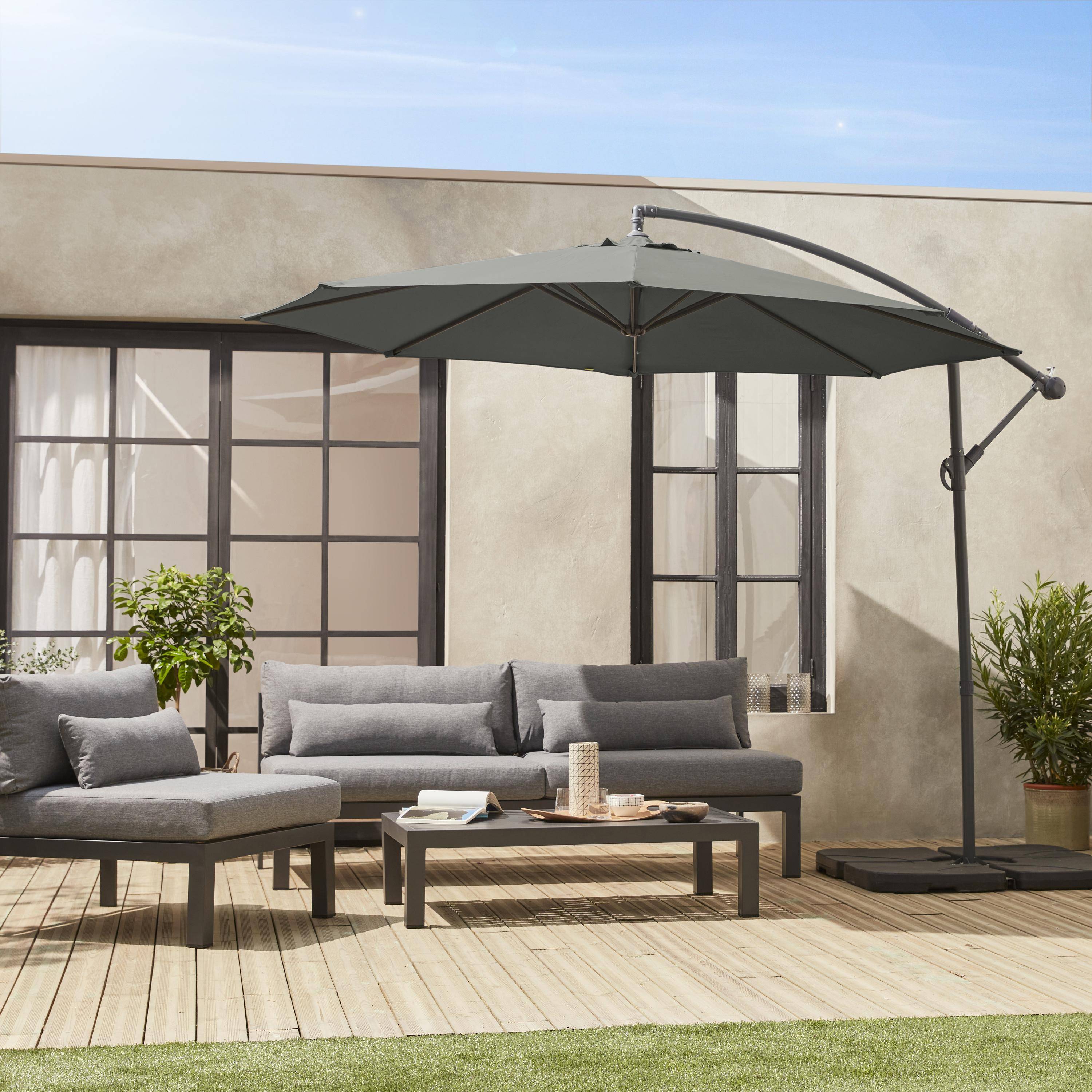 Parasol Ø350cm - Hardelot - Khaki kleur, antraciet structuur, terugslagvrije zwengel, 8 baleinen. Photo1