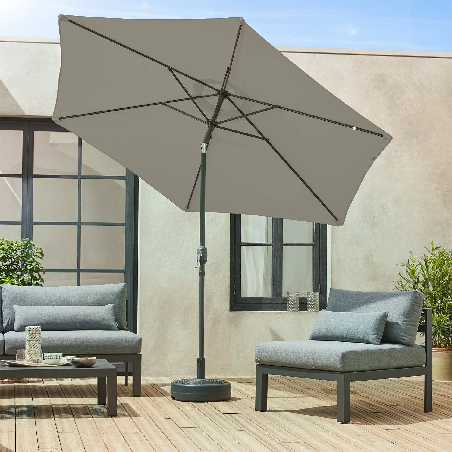 Parasol droit rond Ø300cm - Touquet Kaki - mât central en aluminium orientable et manivelle d'ouverture Photo2
