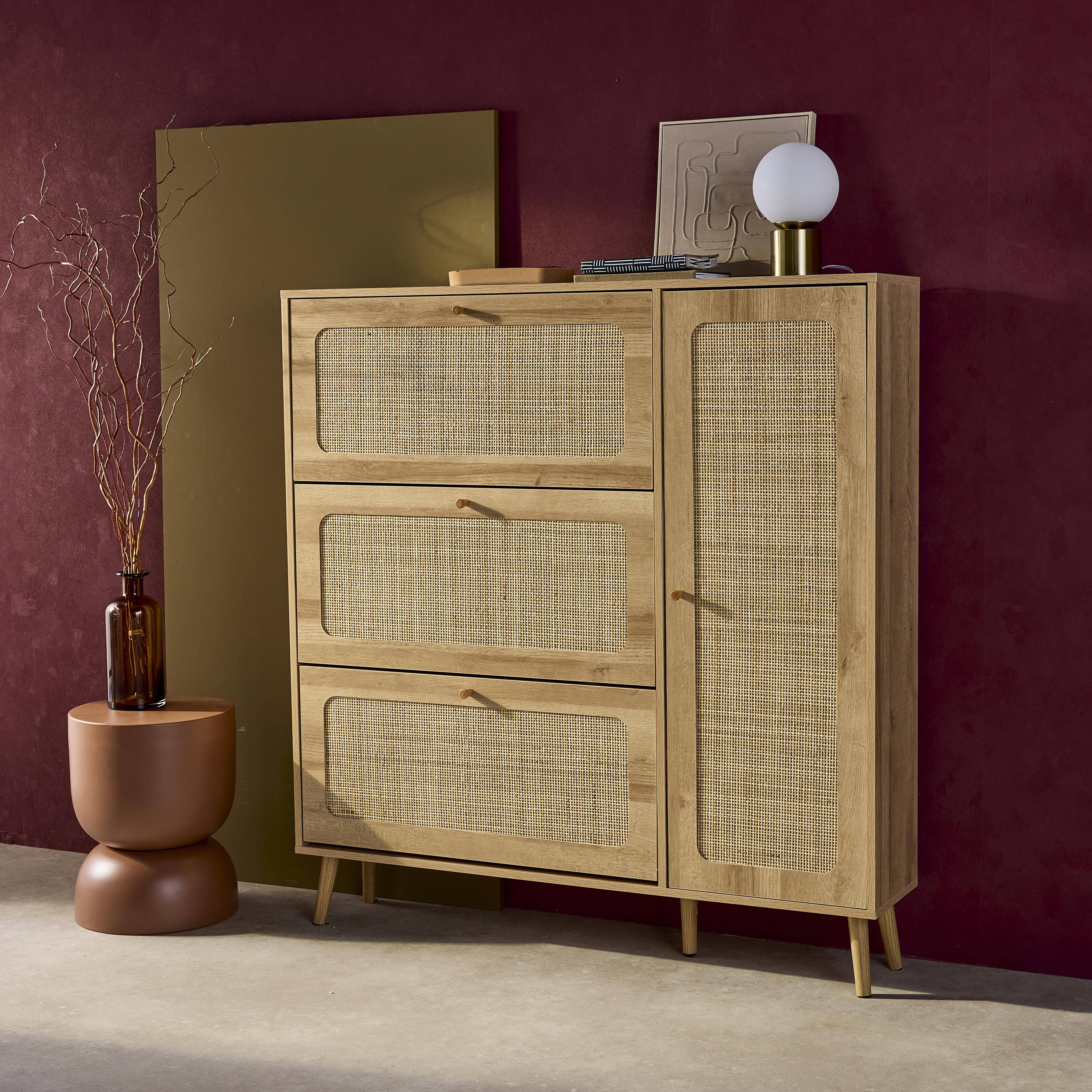 Schuhschrank mit Rohrgeflecht, 3 Klapptüren, 1 Tür, für 21 Paar, naturfarben 120 x 24 x 125 cm - Bohème,sweeek,Photo4