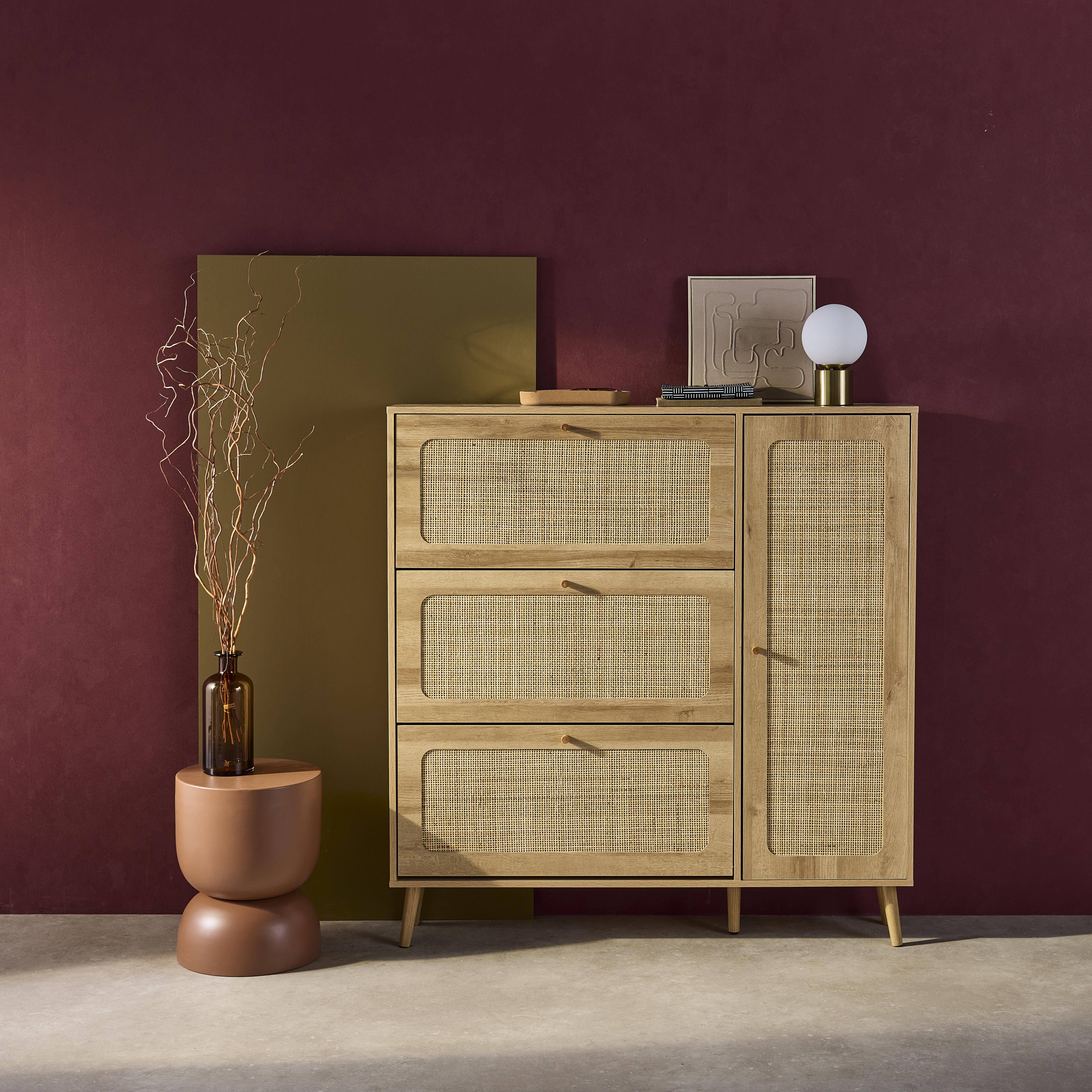 Schuhschrank mit Rohrgeflecht, 3 Klapptüren, 1 Tür, für 21 Paar, naturfarben 120 x 24 x 125 cm - Bohème Photo1