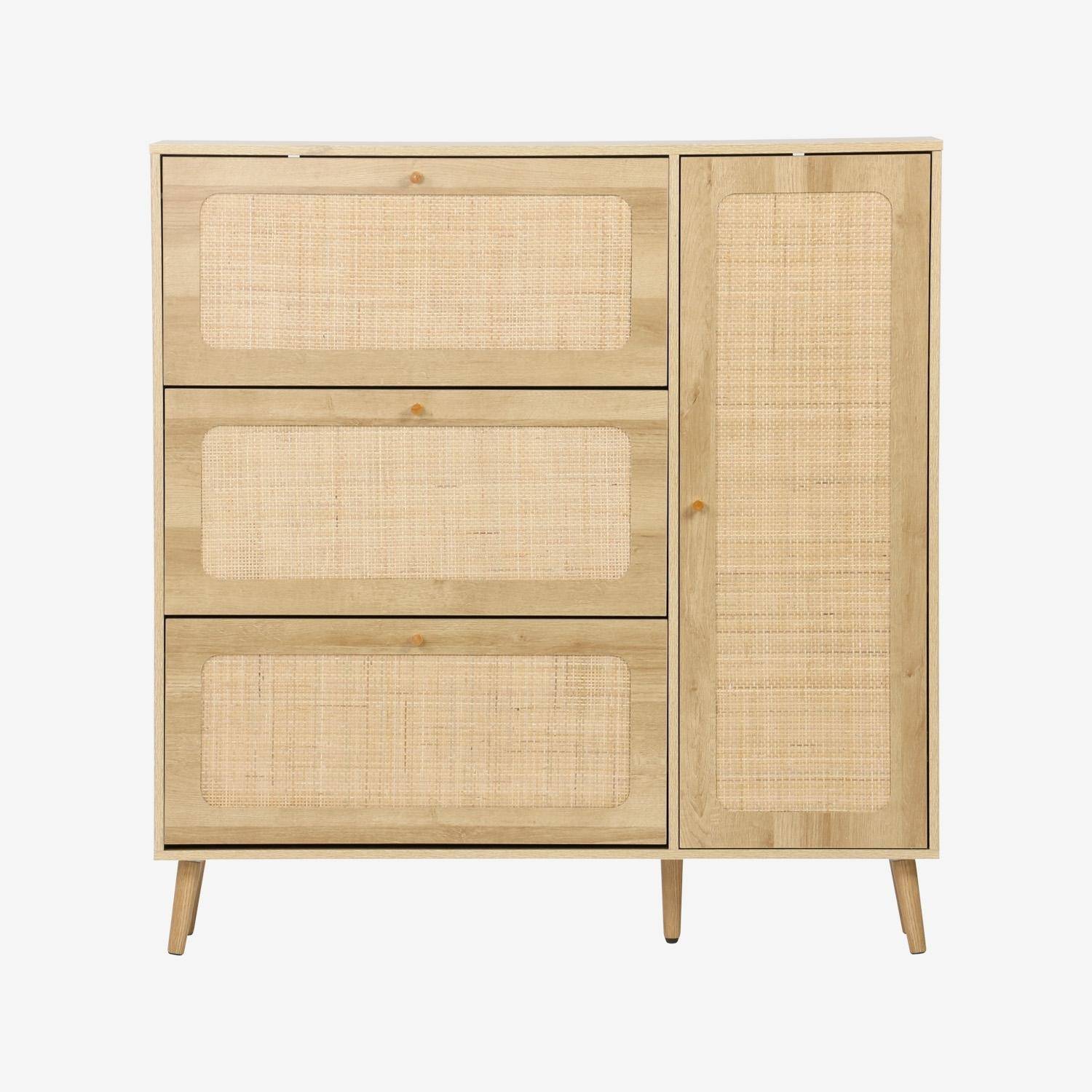 Schuhschrank mit Rattan-Geflecht, 3 Klapptüren, 1 Tür, für 21 Paar, naturfarben 120 x 24 x 125 cm - Bohème Photo3