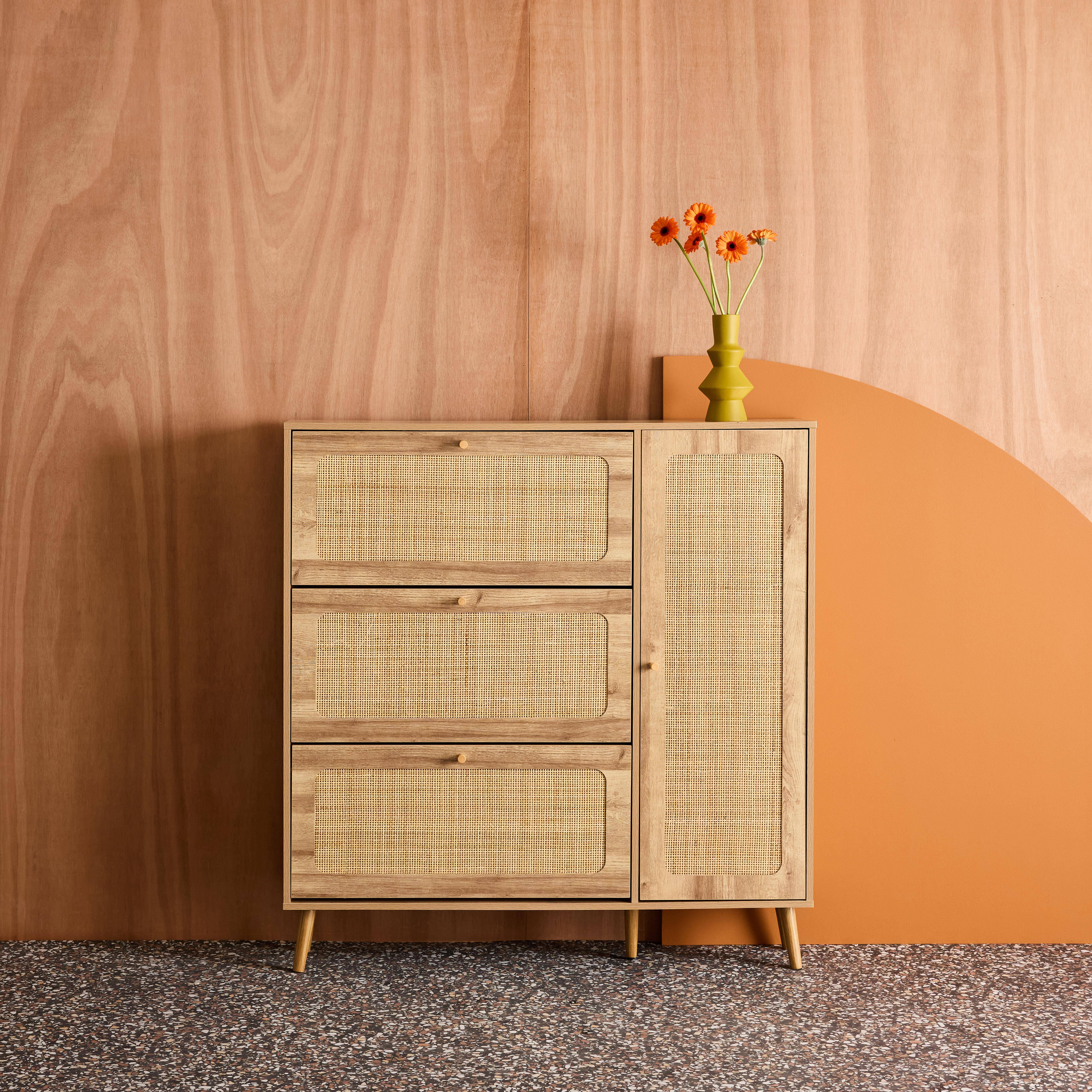 Scarpiera con intreccio 3 cassetti, Boheme, Marrone naturale, 120x24x125 cm,sweeek,Photo1