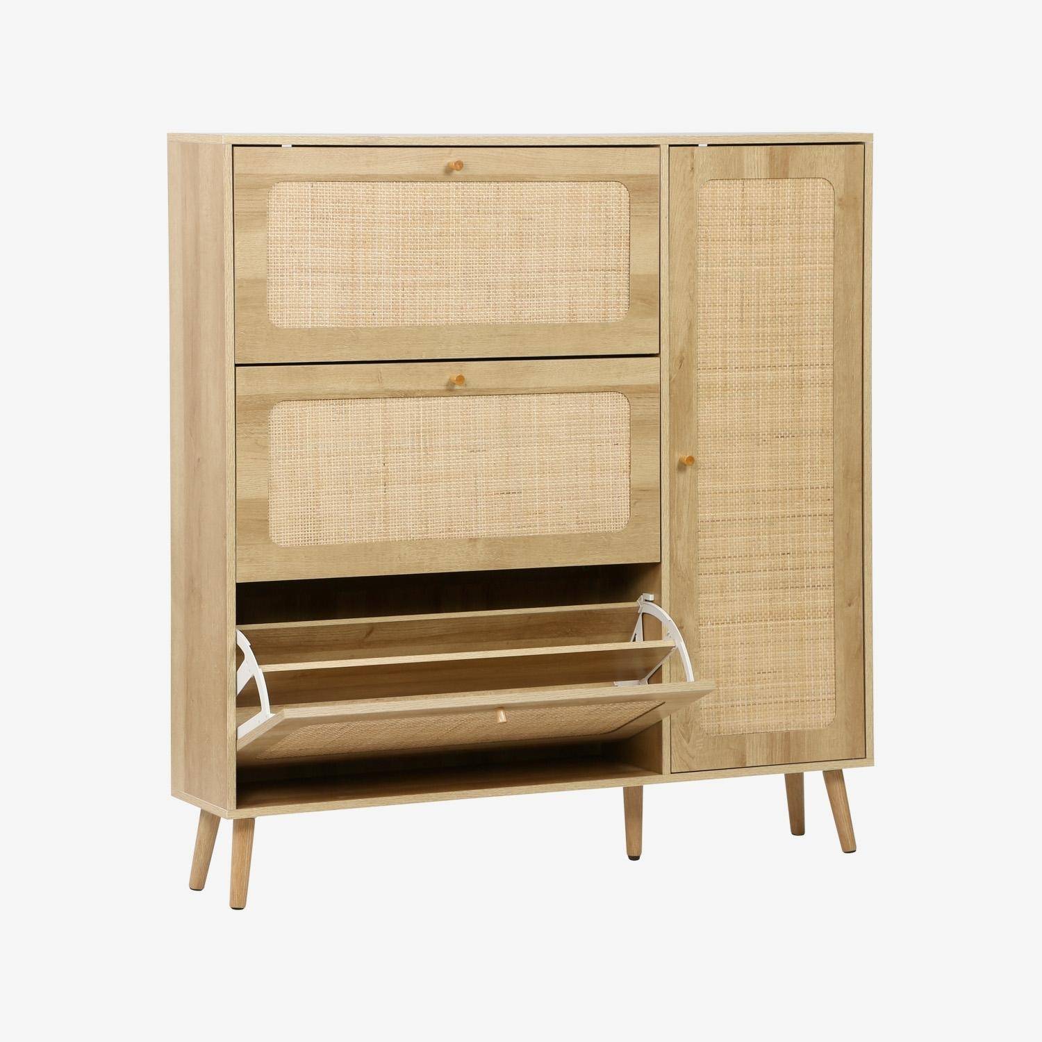 Schuhschrank mit Rattan-Geflecht, 3 Klapptüren, 1 Tür, für 21 Paar, naturfarben 120 x 24 x 125 cm - Bohème Photo2