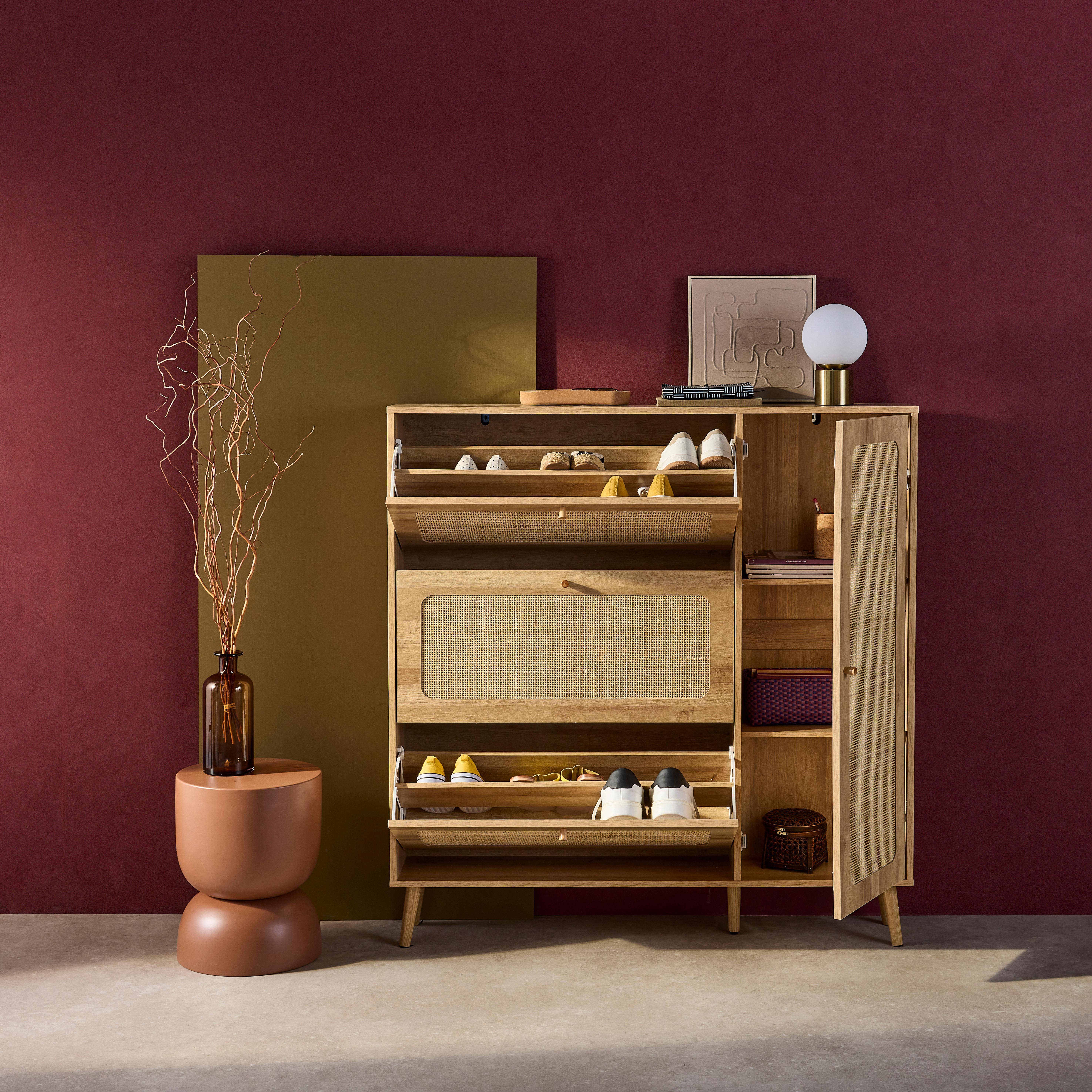 Natuurlijke boheemse rotan schoenenkast, 3 lades, 1 deur, 21 paar, 120 x 24 x 125 cm,sweeek,Photo3