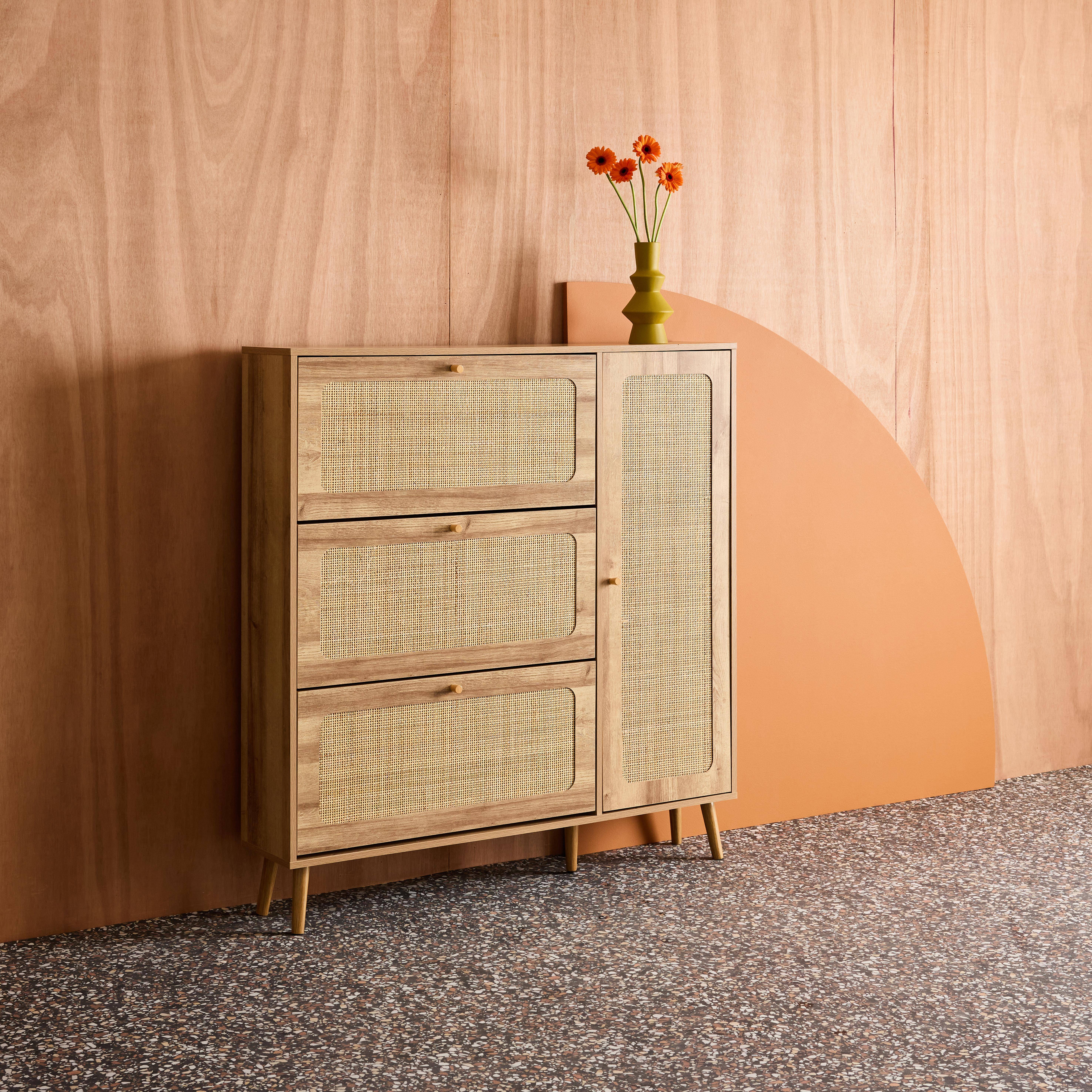 Scarpiera con intreccio 3 cassetti, Boheme, Marrone naturale, 120x24x125 cm,sweeek,Photo3