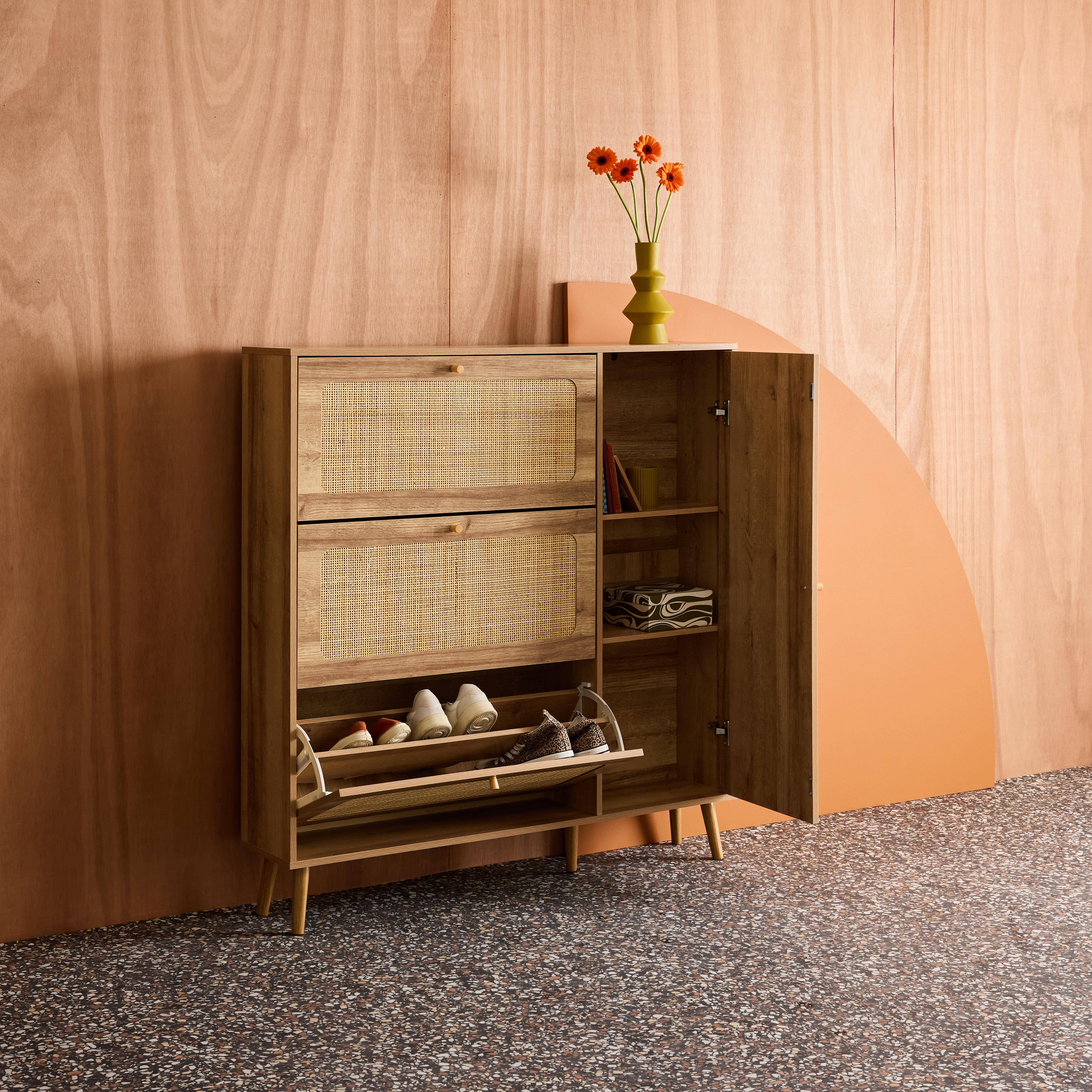 Scarpiera con intreccio 3 cassetti, Boheme, Marrone naturale, 120x24x125 cm Photo4