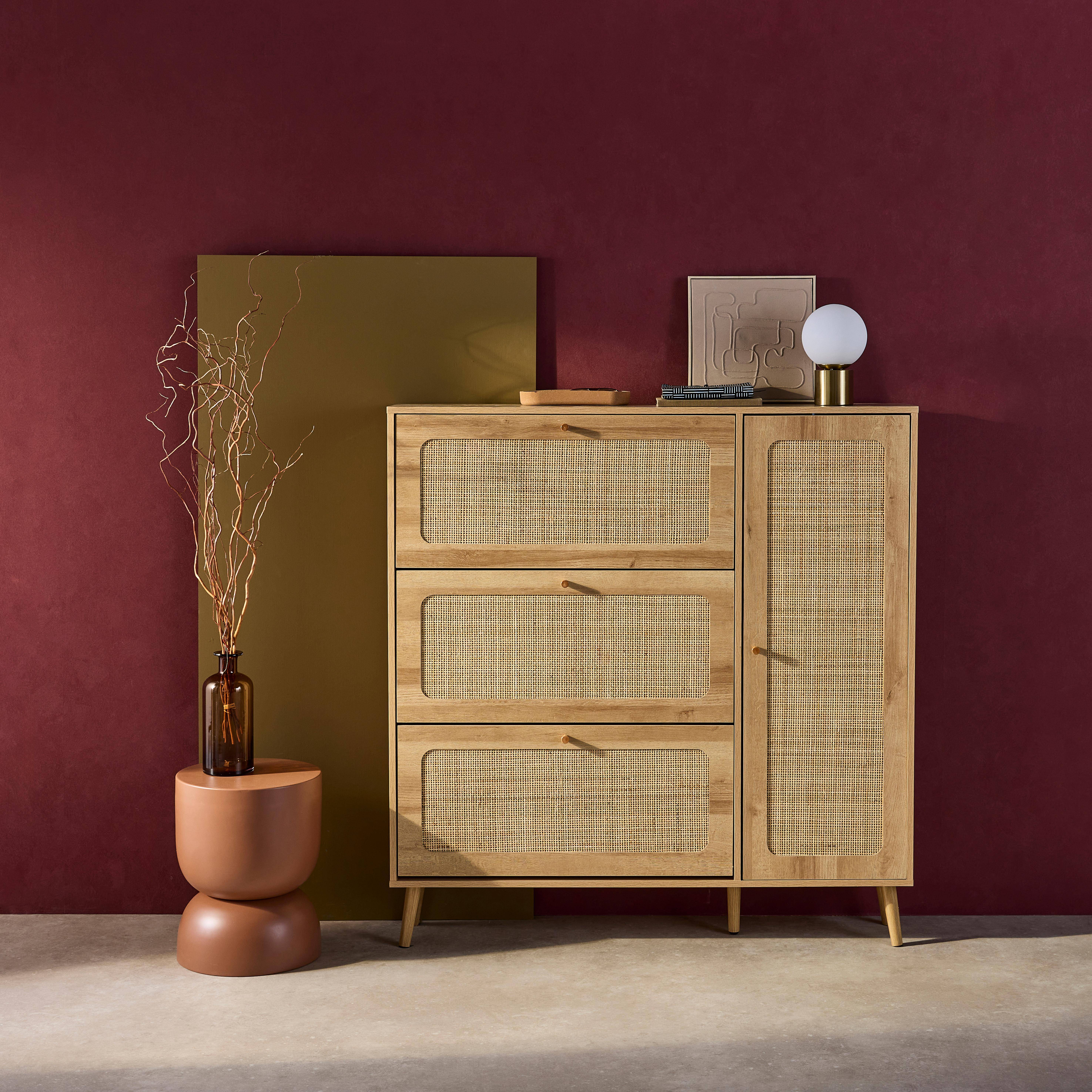 Natuurlijke boheemse rotan schoenenkast, 3 lades, 1 deur, 21 paar, 120 x 24 x 125 cm Photo1