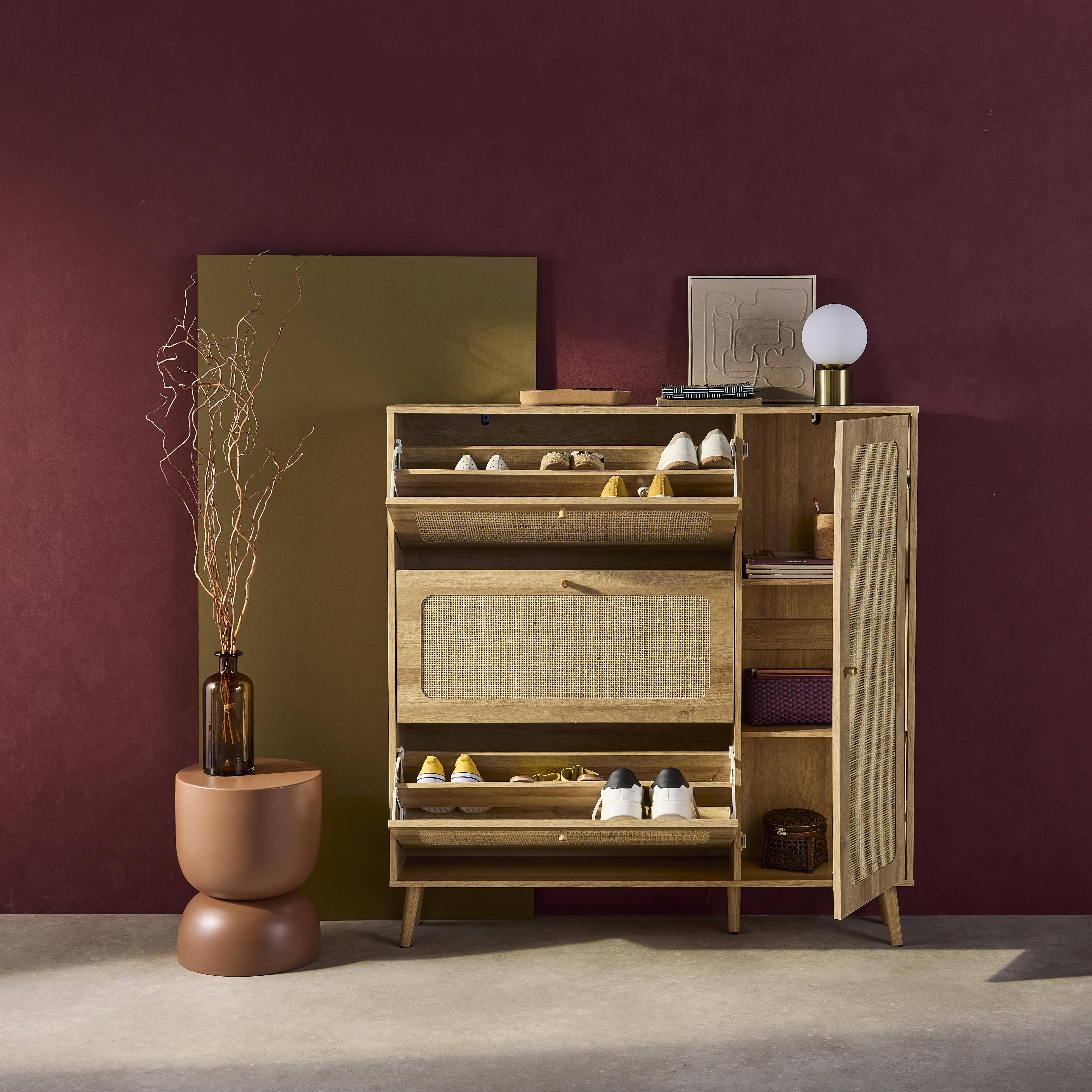 Schuhschrank mit Rohrgeflecht, 3 Klapptüren, 1 Tür, für 21 Paar, naturfarben 120 x 24 x 125 cm - Bohème,sweeek,Photo2