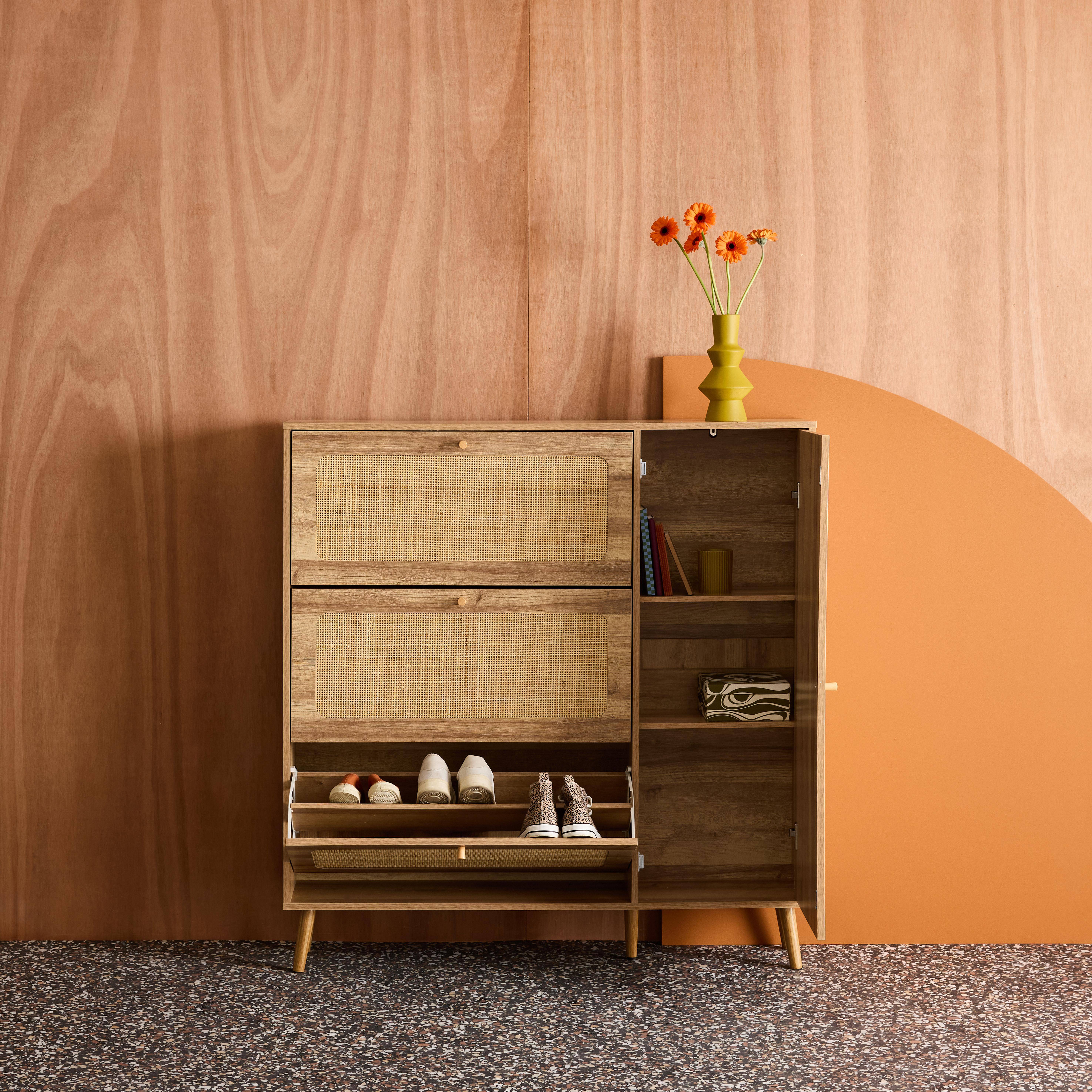 Scarpiera con intreccio 3 cassetti, Boheme, Marrone naturale, 120x24x125 cm,sweeek,Photo2