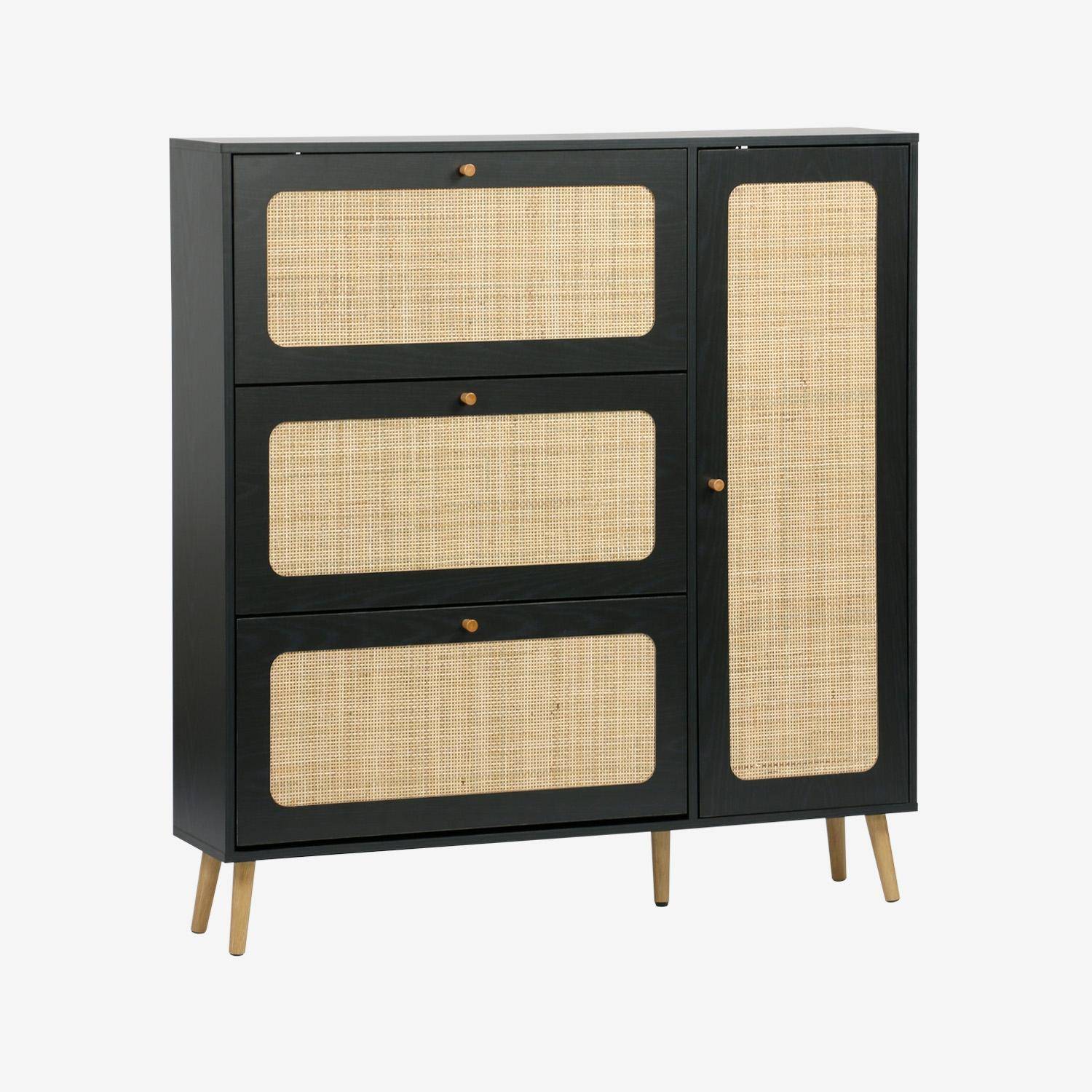 Schoenenkast met 3 kleplades en 1 deur houtdecor en rotan 120cm zwart - Bohème,sweeek,Photo4