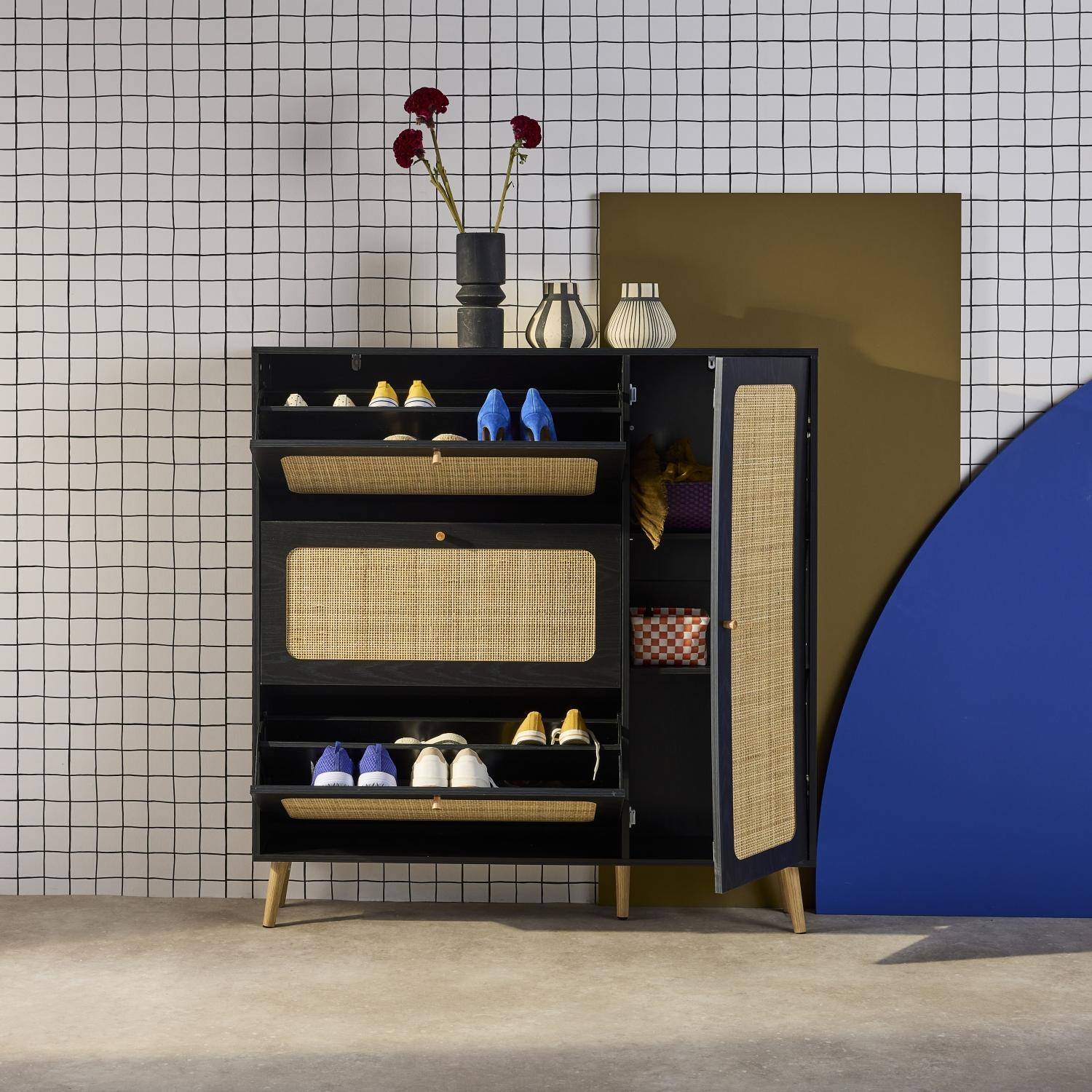 Schoenenkast met 3 kleplades en 1 deur houtdecor en rotan 120cm zwart - Bohème Photo3