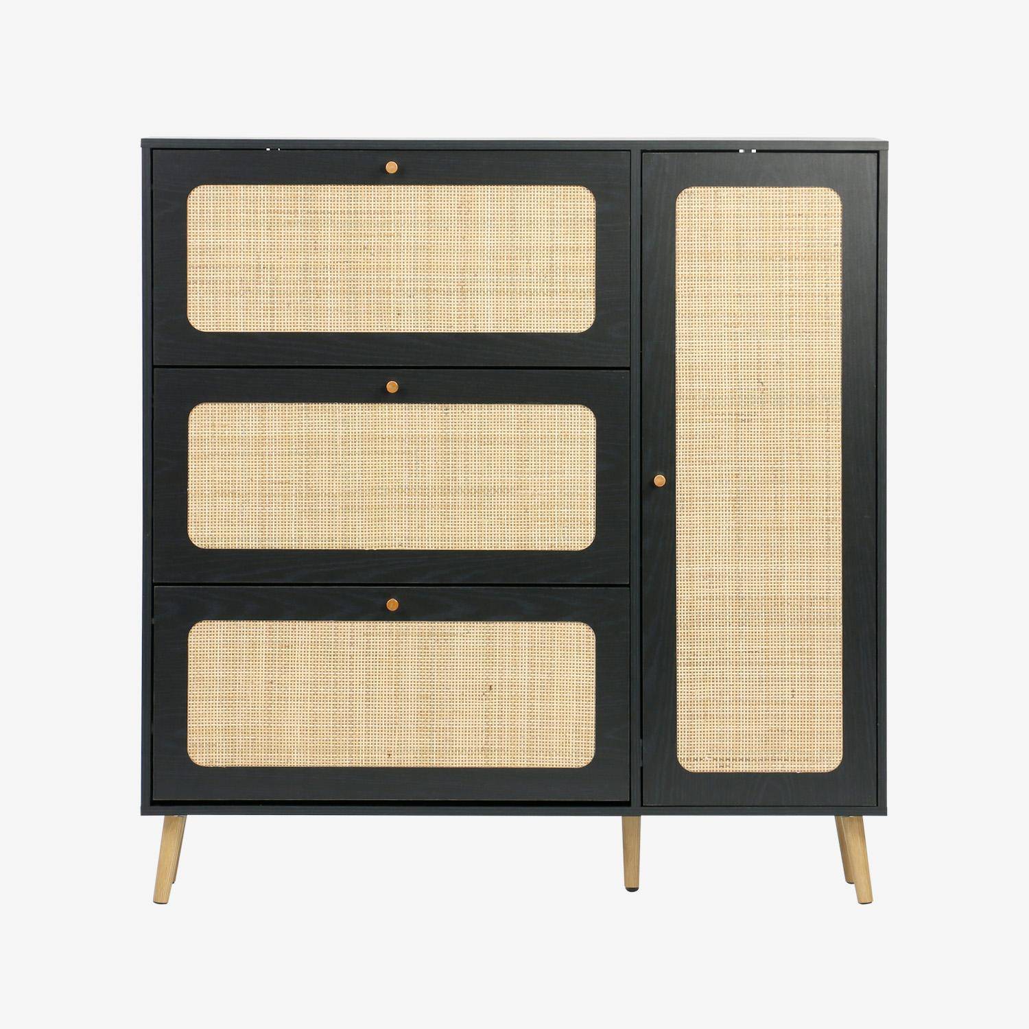 Schuhschrank mit Rohrgeflecht, 3 Klapptüren, 1 Tür, für 21 Paar, schwarz 120 x 24 x 125 cm - Bohème Photo3
