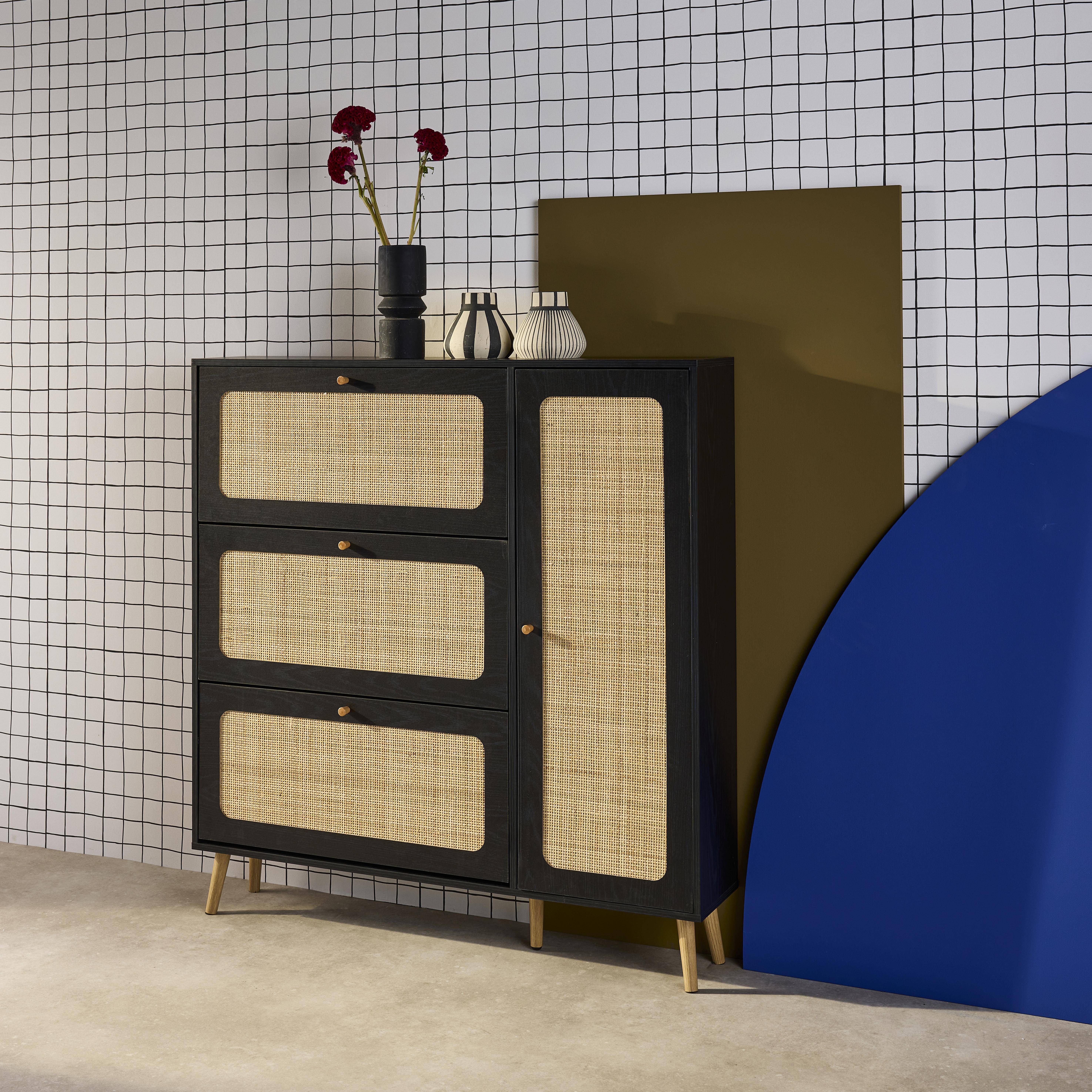 Schoenenmeubel met rotan, zwart Boheemse stijl, 3 lades, 1 deur, 21 paar, 120 x 24 x 125 cm,sweeek,Photo2