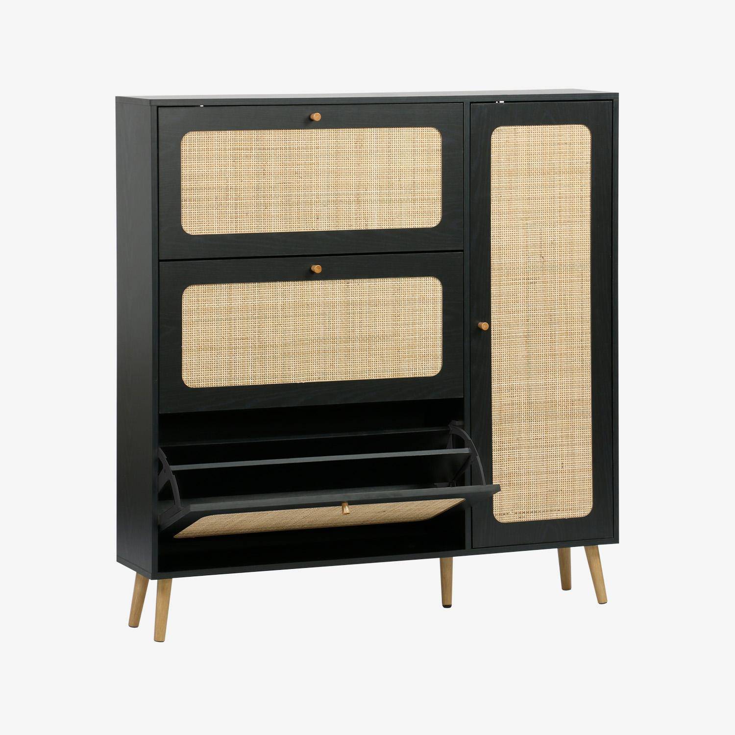 Schuhschrank mit Rohrgeflecht, 3 Klapptüren, 1 Tür, für 21 Paar, schwarz 120 x 24 x 125 cm - Bohème Photo2