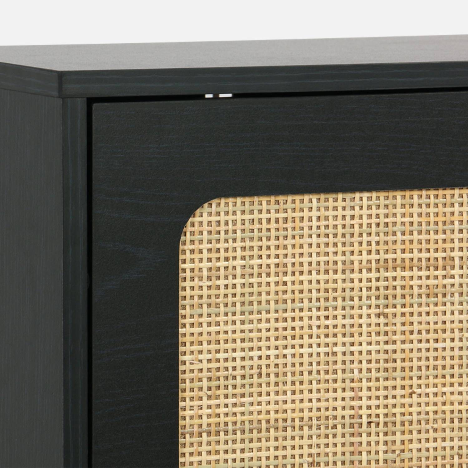 Schoenenkast met 3 kleplades en 1 deur houtdecor en rotan 120cm zwart - Bohème Photo6